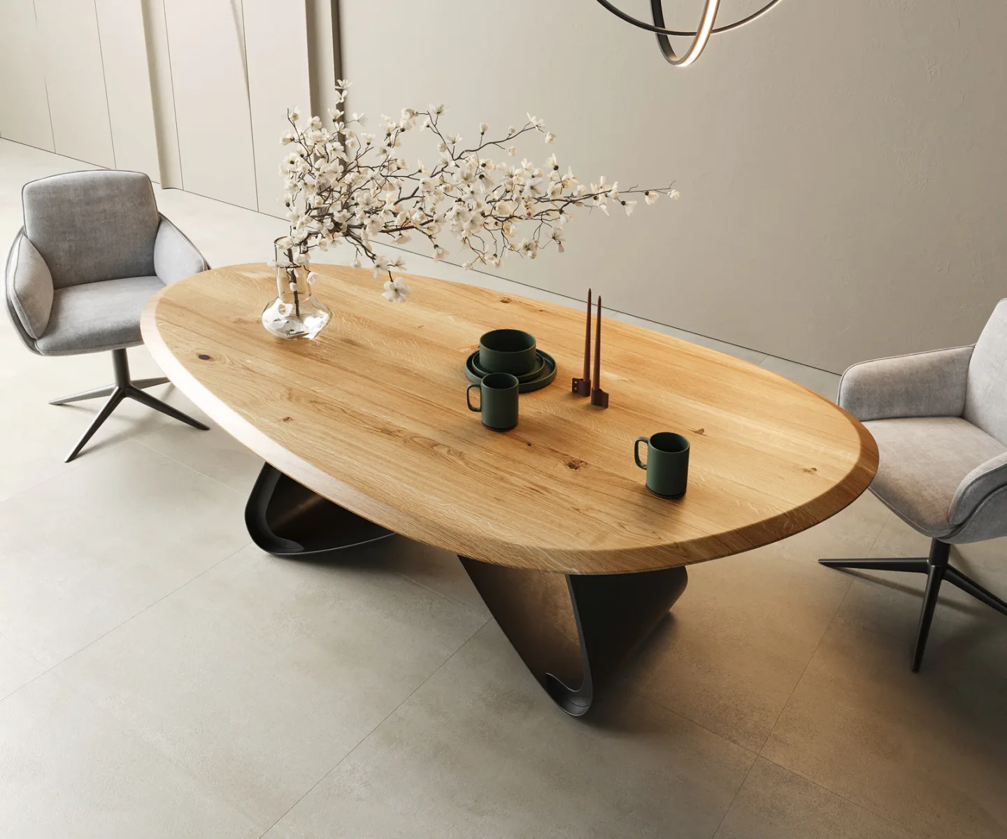Esstisch Edge Oval 220x120x2,5 Eiche Natur W-Gestell Metall Schwarz Flow-Edge