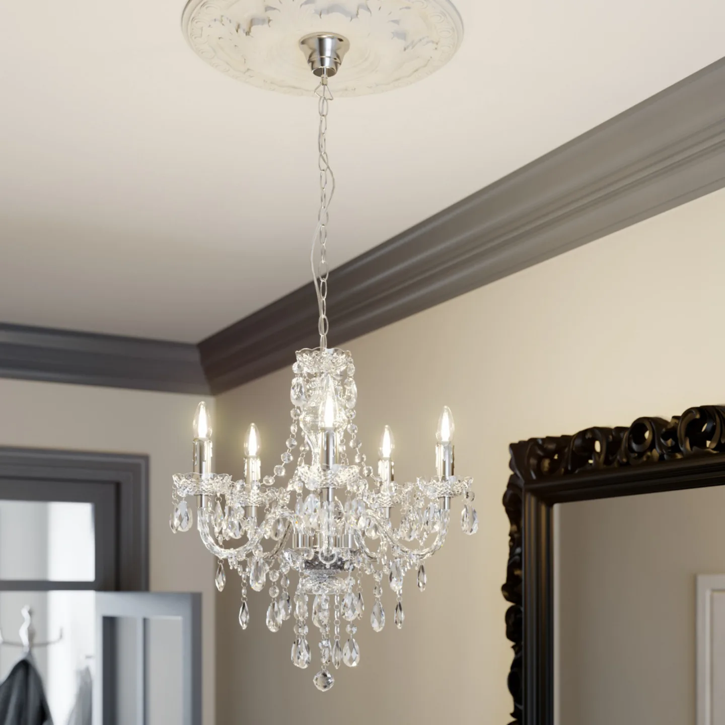 Lindby Kronleuchter Merida, chrom, Metall, 5-flg., Ø 52 cm - Wohnzimmer - Antik - Mehrflammig