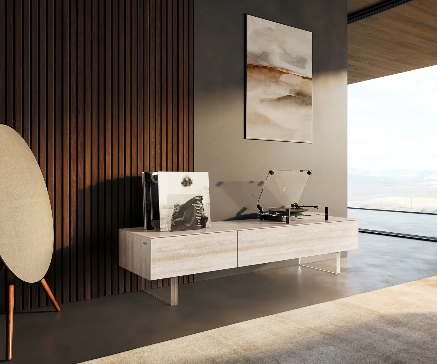 Lowboard Cuor 150 cm Keramik Laminam® Travertino Bianco Creme-Weiß 1 Klappe 1 Schubfach Fuß Schwebeoptik Acrylglas