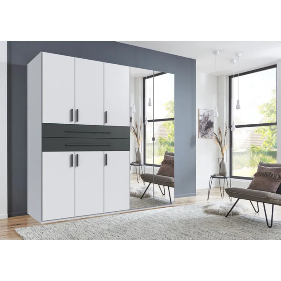 Kleiderschrank Stride Weiß, Rahmen + Abs. Grafit - Griffe Grafit Mischholz B 225 cm
