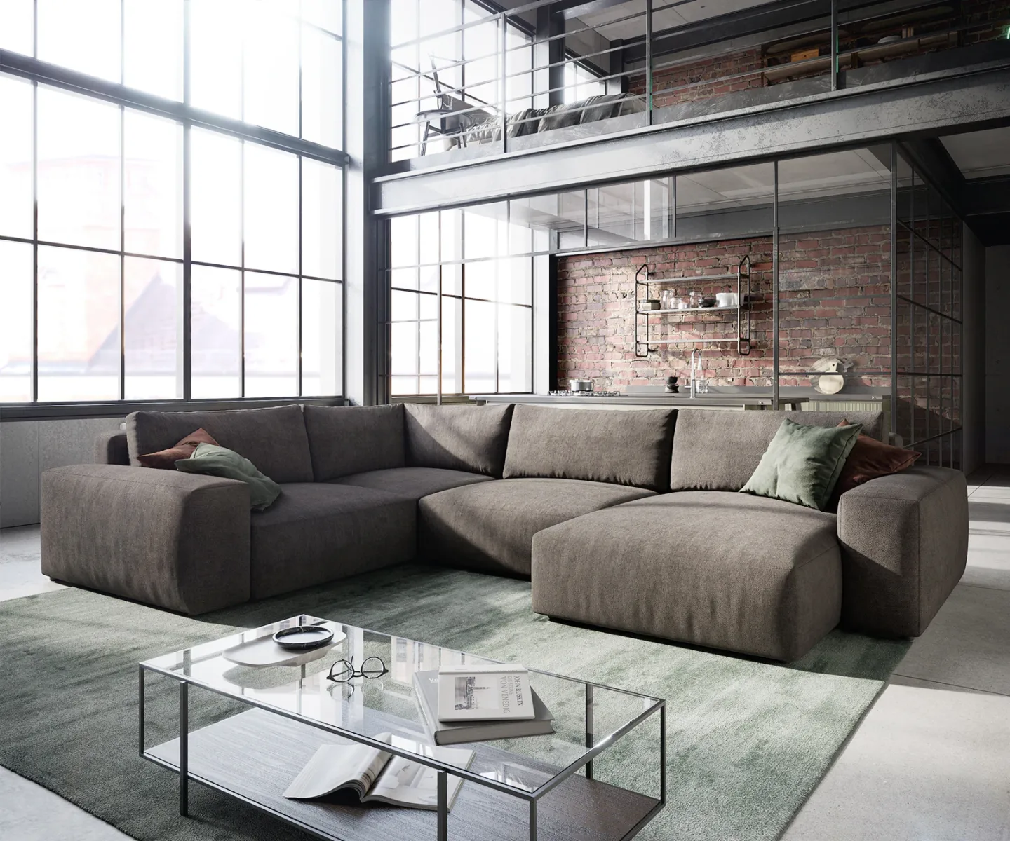 Wohnlandschaft Lanzo XL 360x260 cm Mikrofaser Khakibraun Recamiere variabel