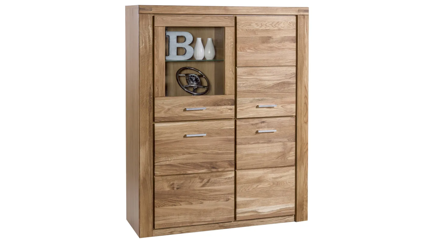 Highboard mit Glastür Wildeiche massiv geölt 108 cm - FREYJA