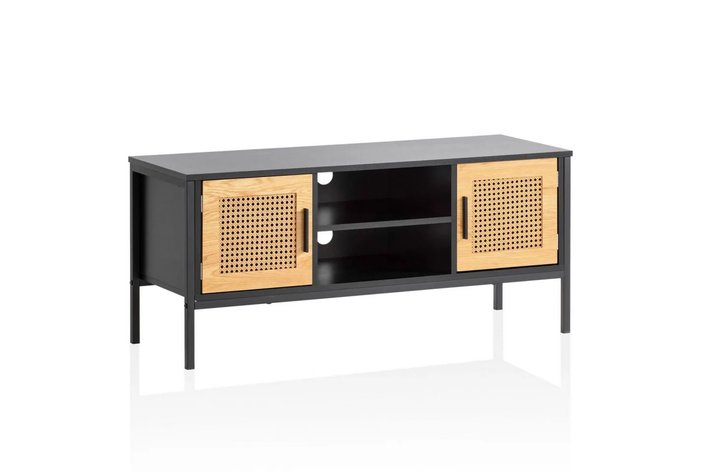Lowboard Wohnling spånskiva folierad med 2 skjutdörrar, wienflät, modern stil Svart, Ek - Svart, Ek