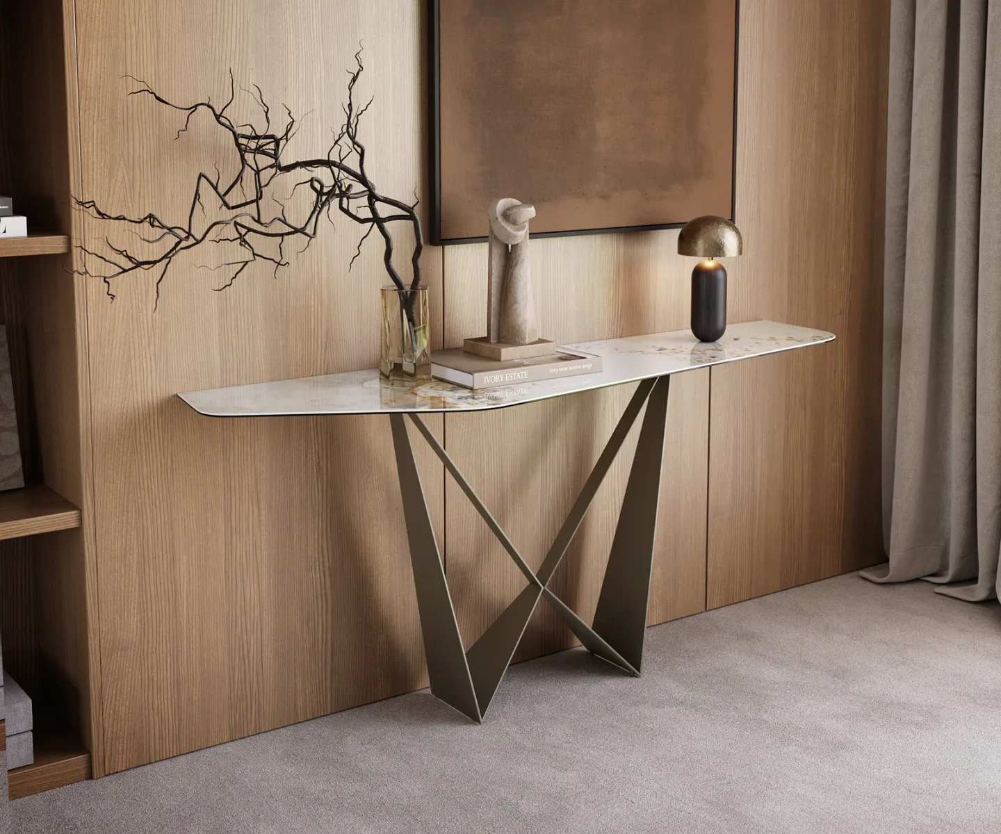 Konsolentisch Edge Polygonal 180x50 cm Keramik Minas Melange Weiß-Beige Spios Metall Effektfinish Titan