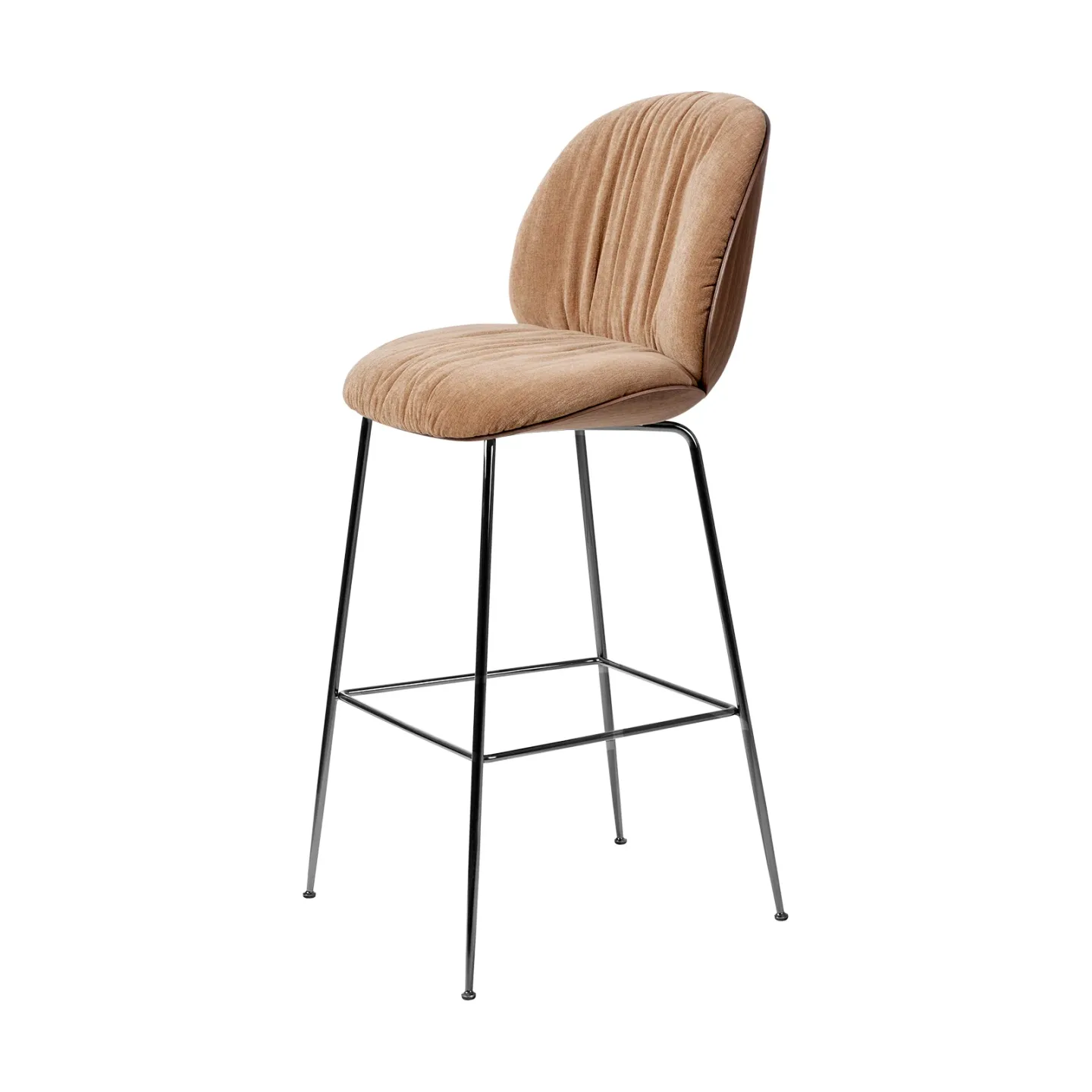 GUBI Beetle Soft barstol 75 cm framsidesklädd Belsuede Dedar 132-lackerad valnöt-svart krom