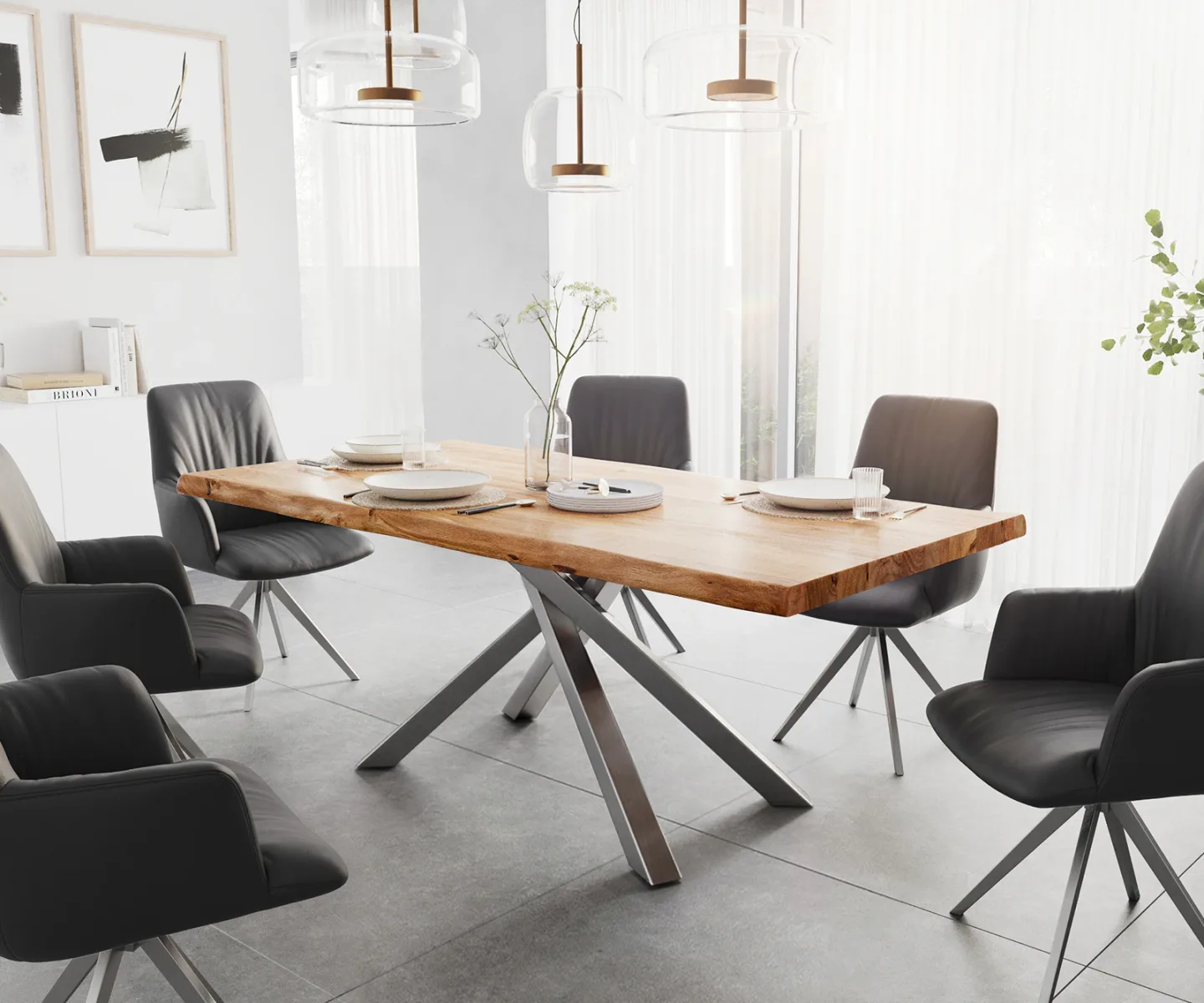 Esstisch Edge 200x100 XL Akazie Natur Kreuzgestell Rechteck Edelstahl Live-Edge