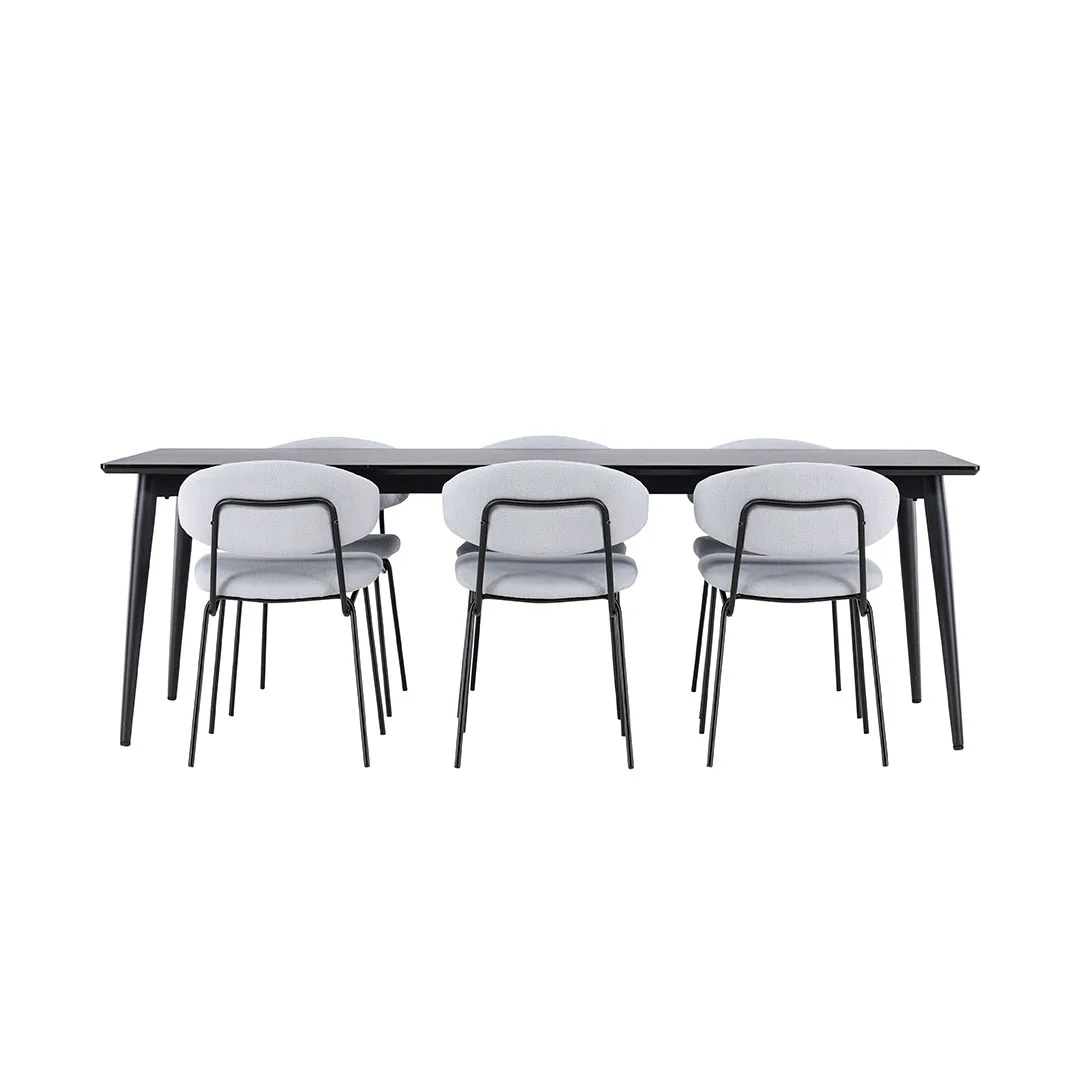 Ellis Essgruppe Tisch 85x230cm und 6 Boucle Stühle schwarz.