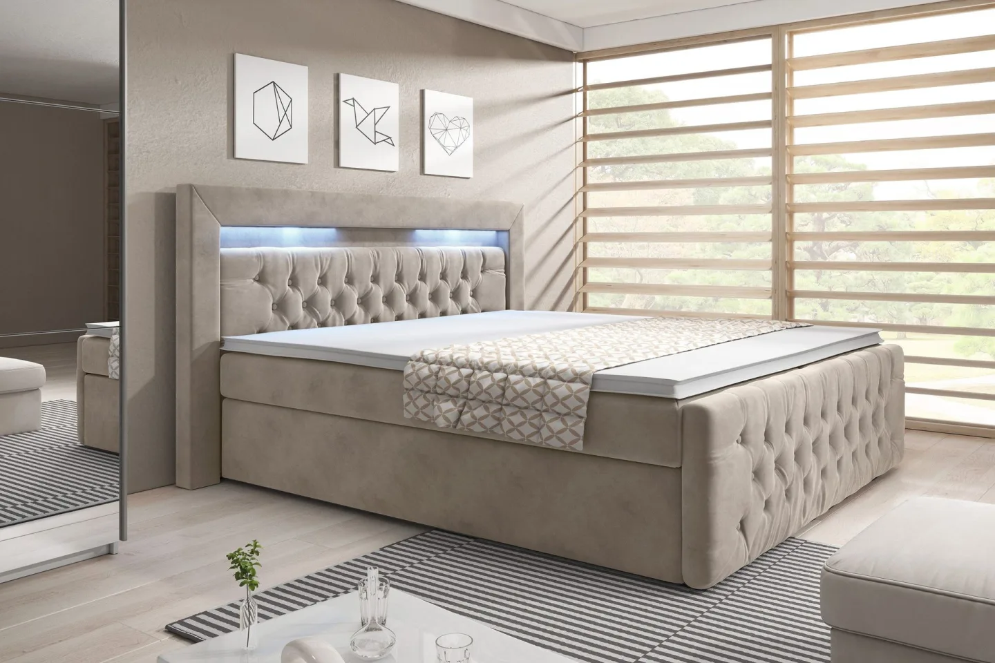 Franco Komplett Sängpaket med Lyftförvaring LED-belysning 180x200 - Beige / Sammet