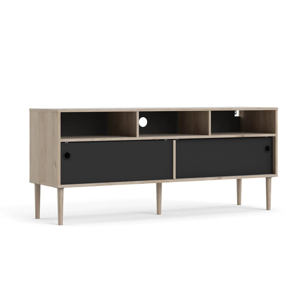 Penny TV Tisch 2 Schiebetüren und 3 Fächer Hickory-Dekor und matt schwarz.