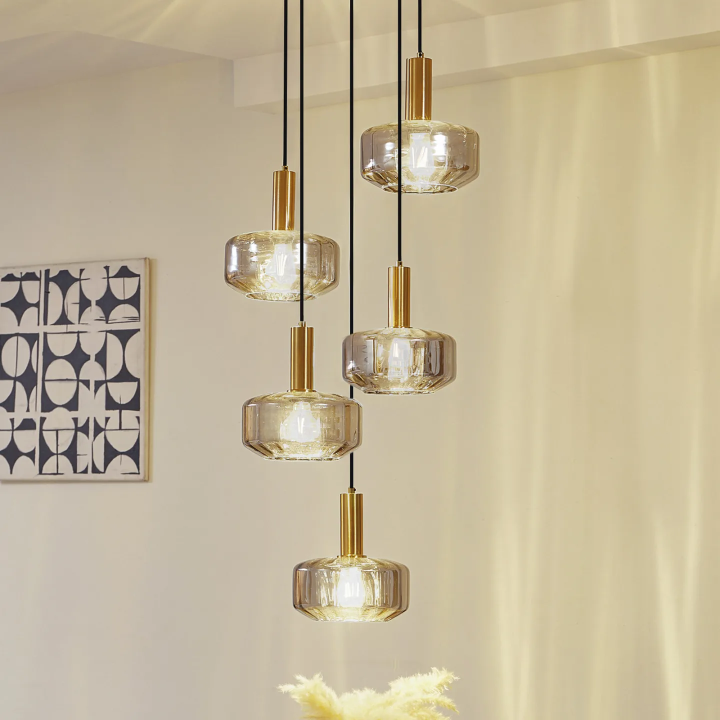 Hildur 5 Cluster Pendelleuchte Rauch Grau/Messing - Lindby - Esszimmer - Glas - Mehrflammig