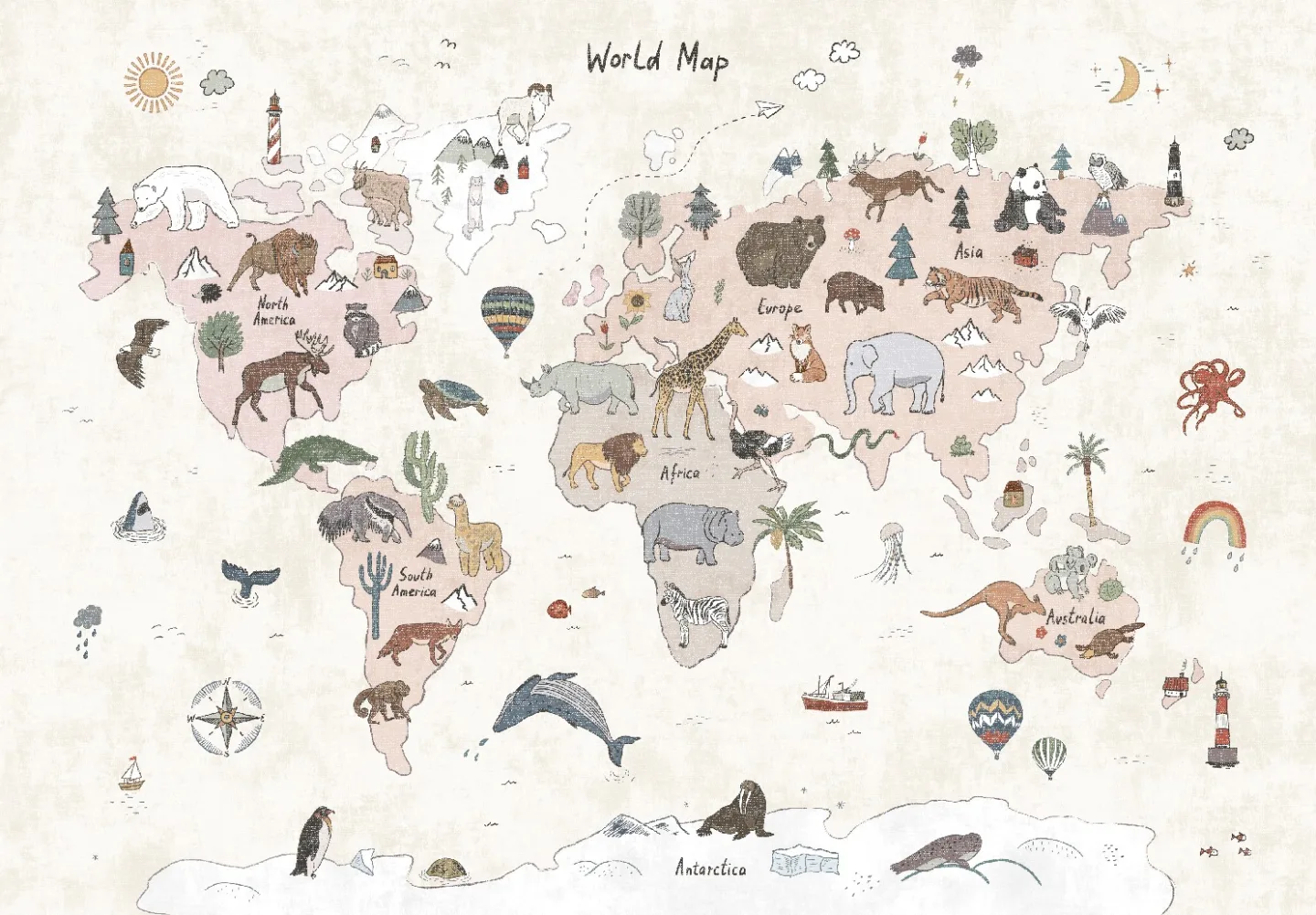 Barneteppe - Kids World Map (beige) (Størrelse: 120 x 170 cm)