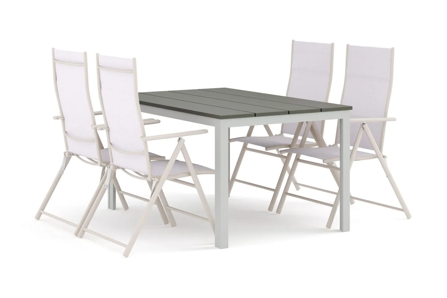 Tunis utomhus matgrupp 140x90 cm med 4 positionsstolar - Vit/Grå