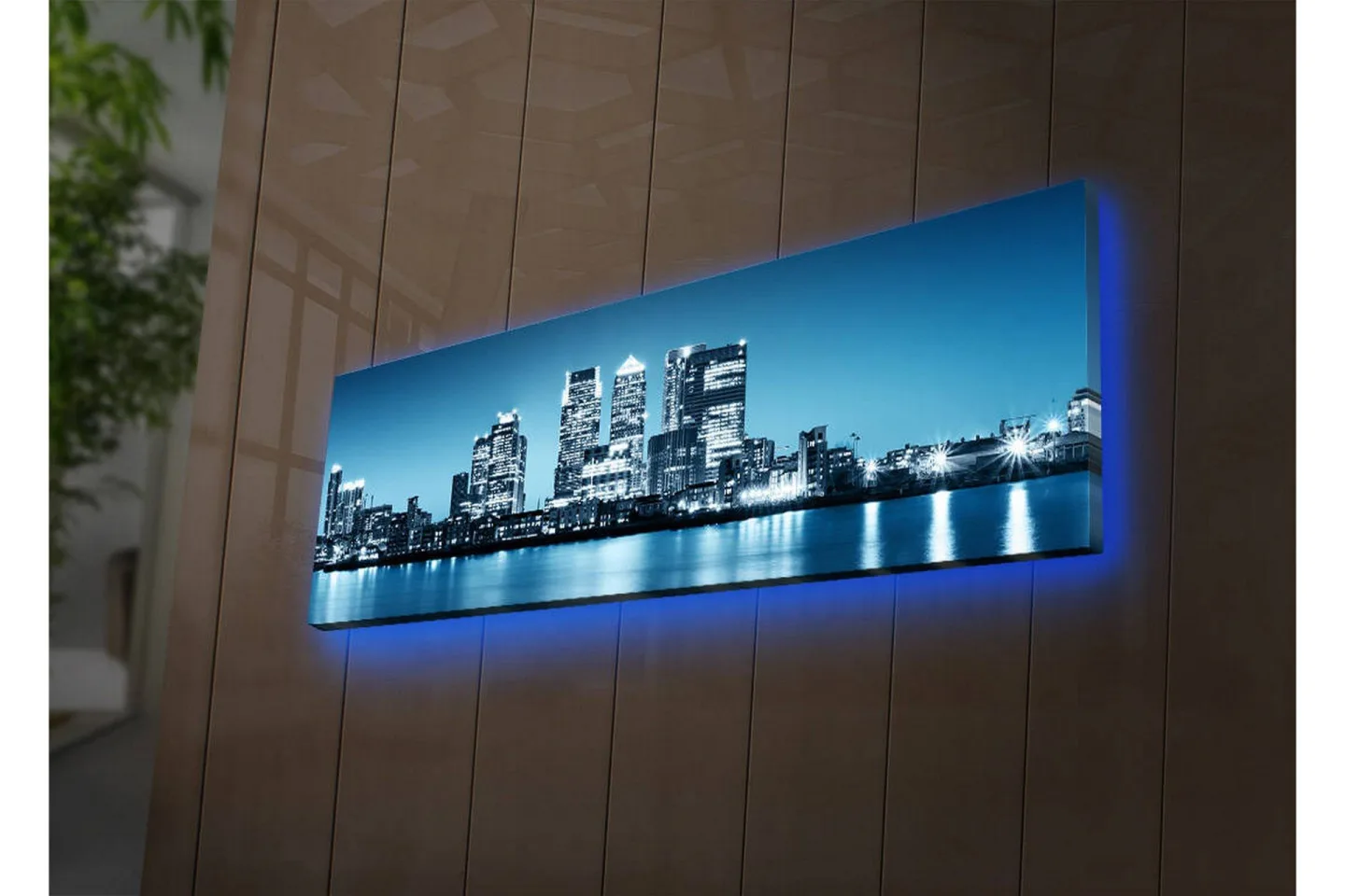Canvastavla med LED-belysning 30x90 cm - Stadssilhuett med moderna skyskrapor vid en vattenkant - Blå / Svart / Vit