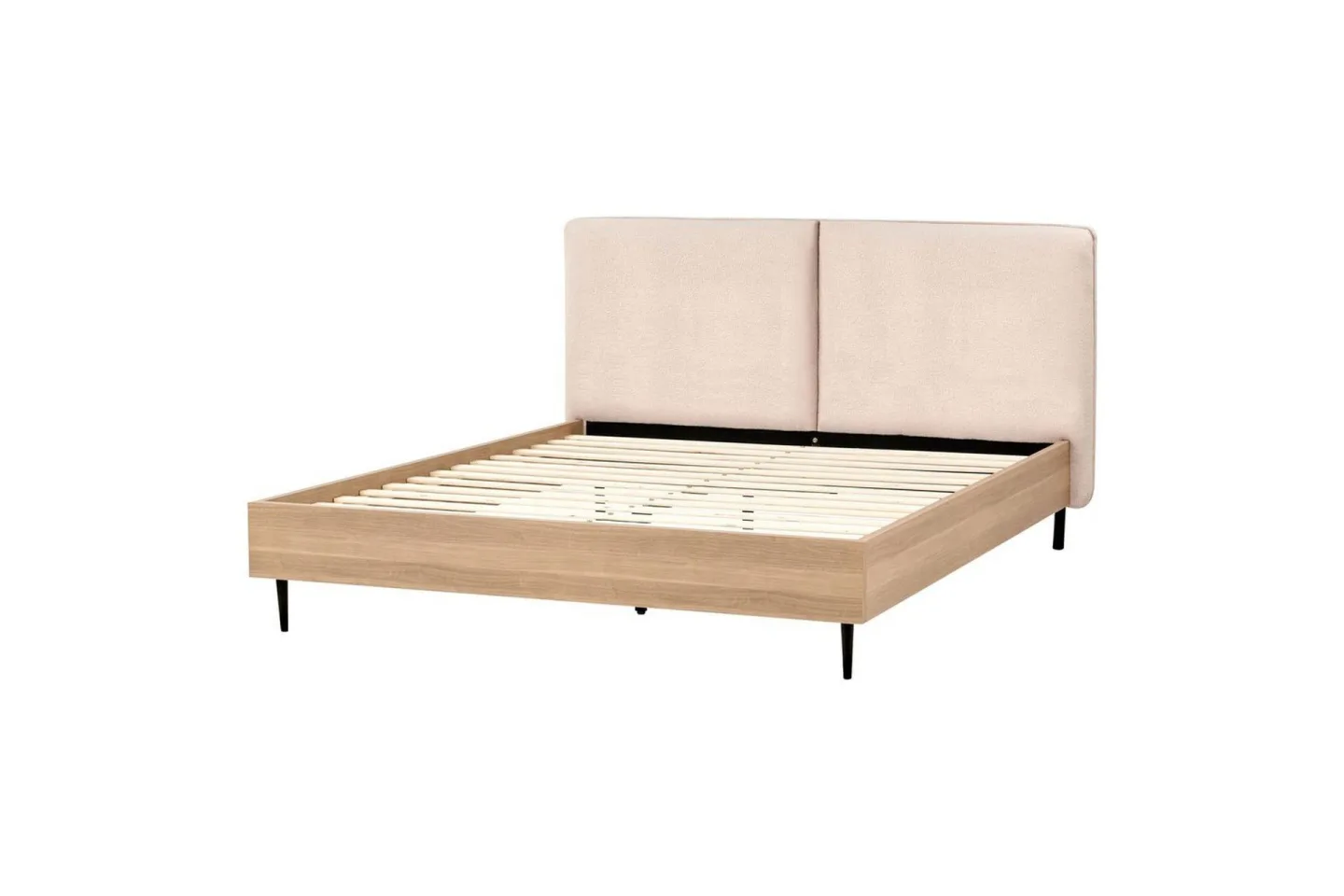 Säng med lamellram Limanton - Beige, ljust trä, svart/Bouclé, 160x200 cm