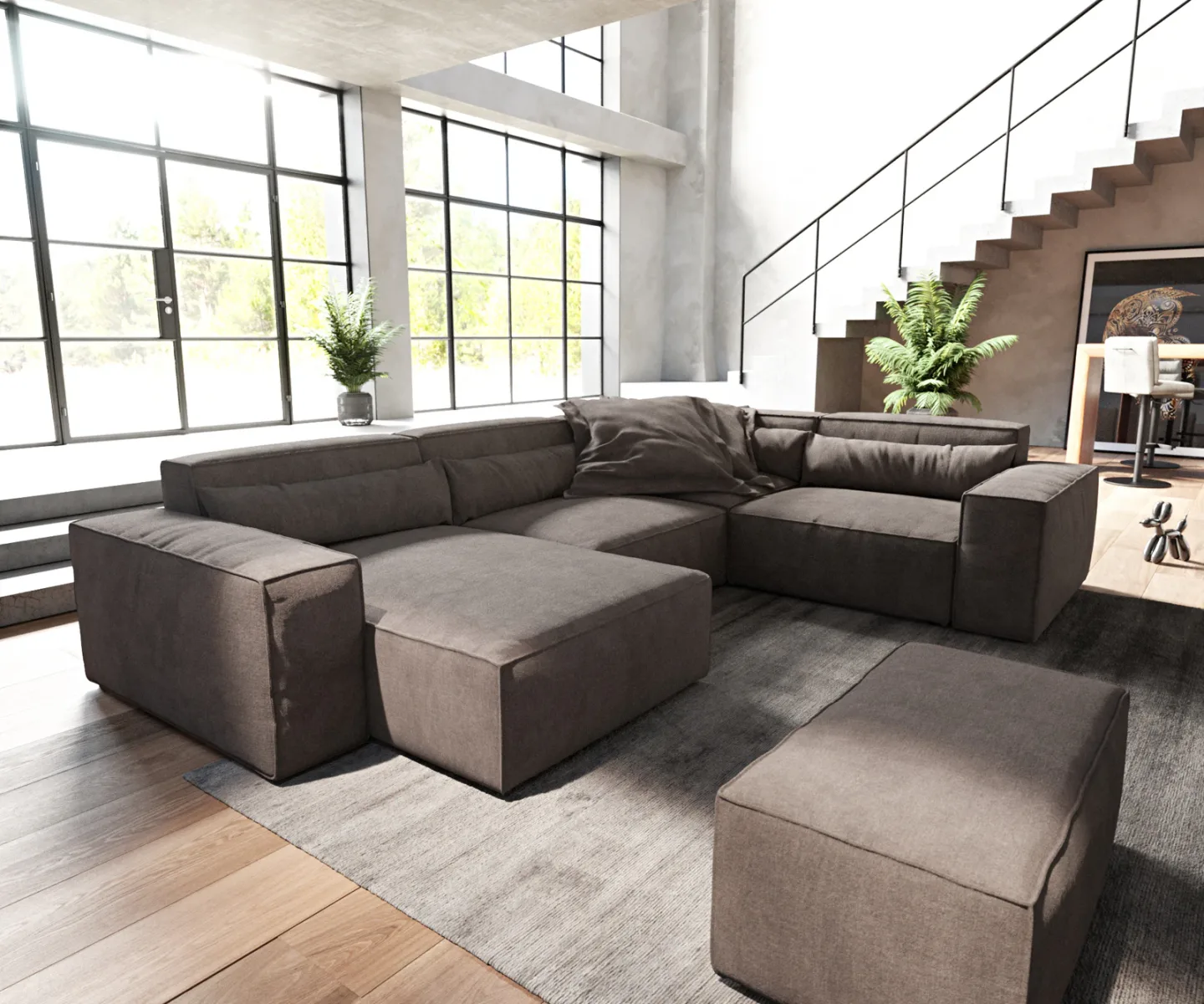Wohnlandschaft Sirpio 300x210 cm Mikrofaser Khakibraun Recamiere variabel mit Hocker