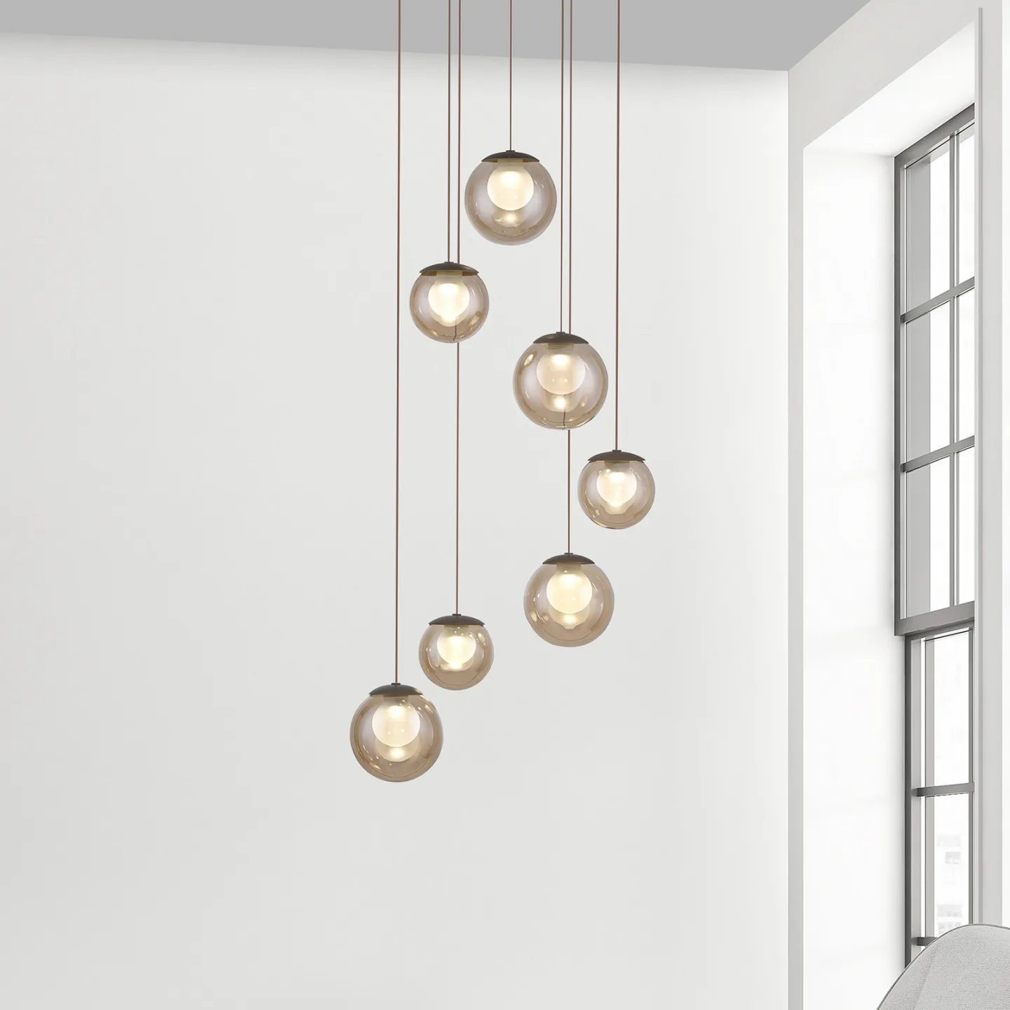 Popup LED-Hängelampe, bronze/amber Ø 40 cm, 7-flg. - PURE - Wohnzimmer - Glas - Mit Schirm