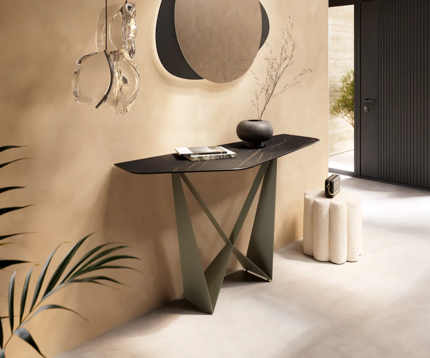 Konsolentisch Edge Polygonal 140x50 cm Keramik Laminam® Noir Desir Braun Spios Metall Effektfinish Titan