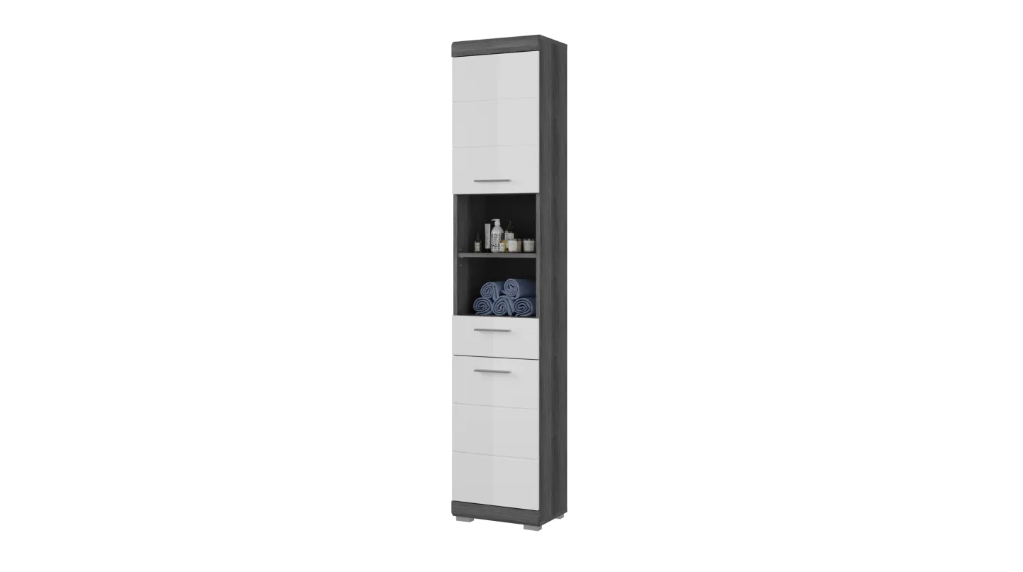 Bad Hochschrank weiß hochglanz - grau 2 Türen Breite 37 cm - SCOUT