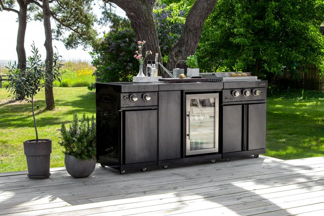Outdoorküche mt Teppanyaki Schwarz Fresno Myoutdoorkitchen Black Collection Kühlschrank Seitenbrenner