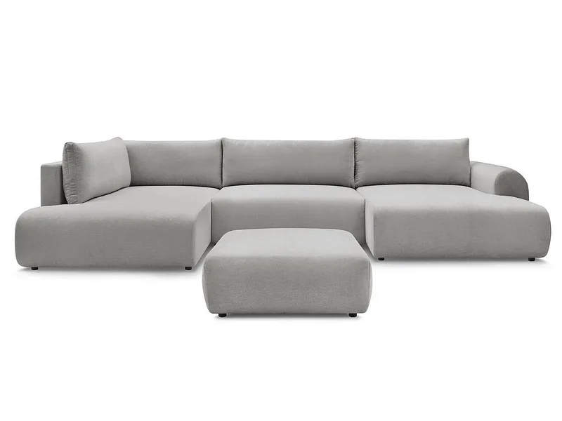 Panorama-Ecksofa mit Hocker BOBOCHIC LUCIEN Stoff hellgrau