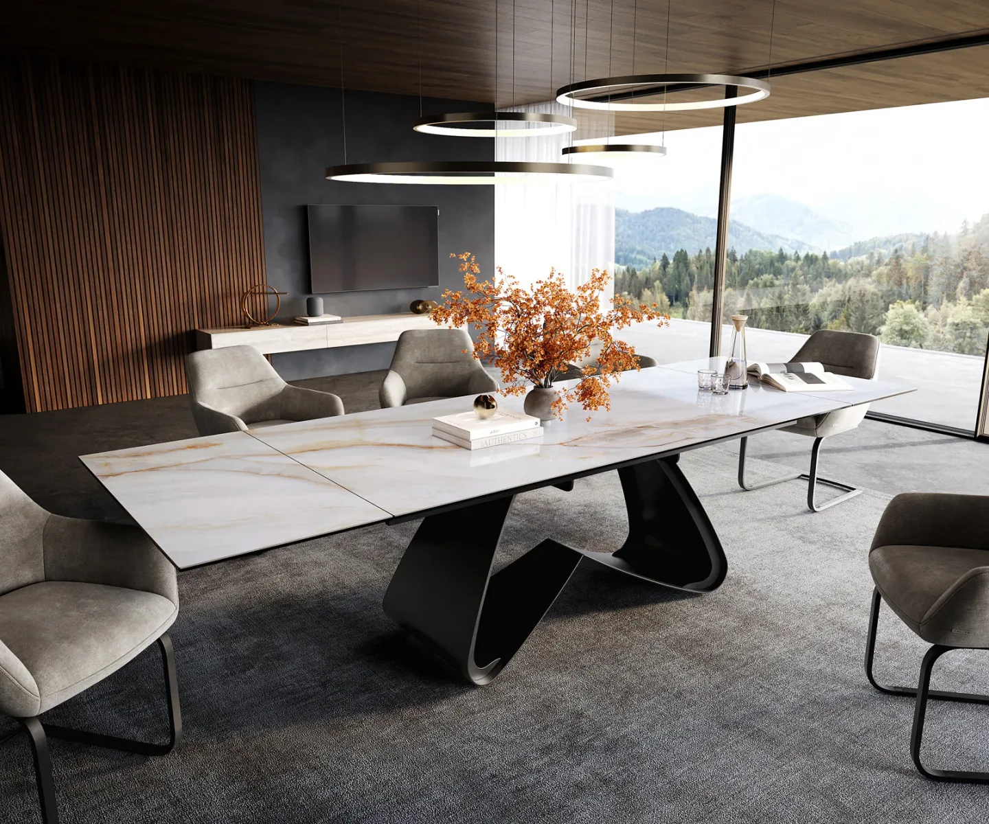 Esstisch Edge 200-300x100 cm Keramik Onyx Pearl W-Gestell Metall Schwarz ausziehbar