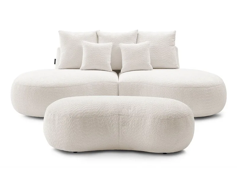 3er Sofa mit Hocker BOBOCHIC SAINT-GERMAIN Boucle-Stoff weiss