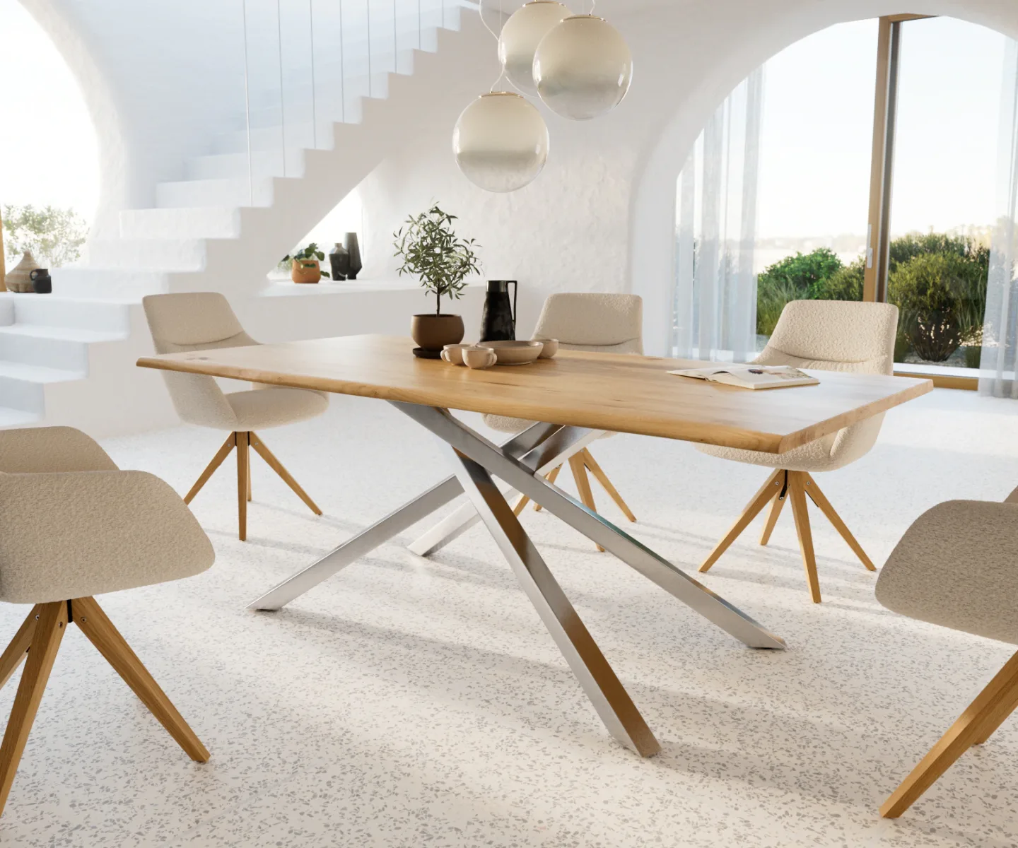 Esstisch Edge 200x100x2,5-3 Eiche Natur Kreuzgestell Rechteck Edelstahl Live-Edge