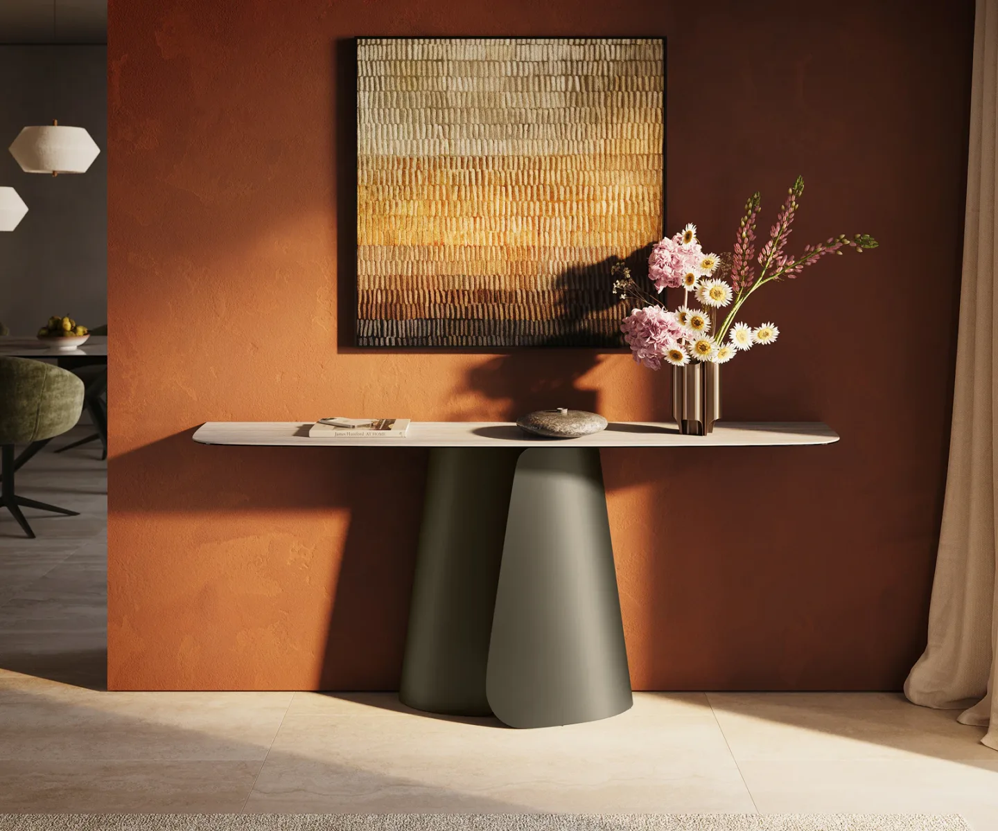 Konsolentisch Edge Boot 180x40 cm Keramik Laminam® Travertino Bianco Creme-Weiß Livos Metall Effektfinish Titan