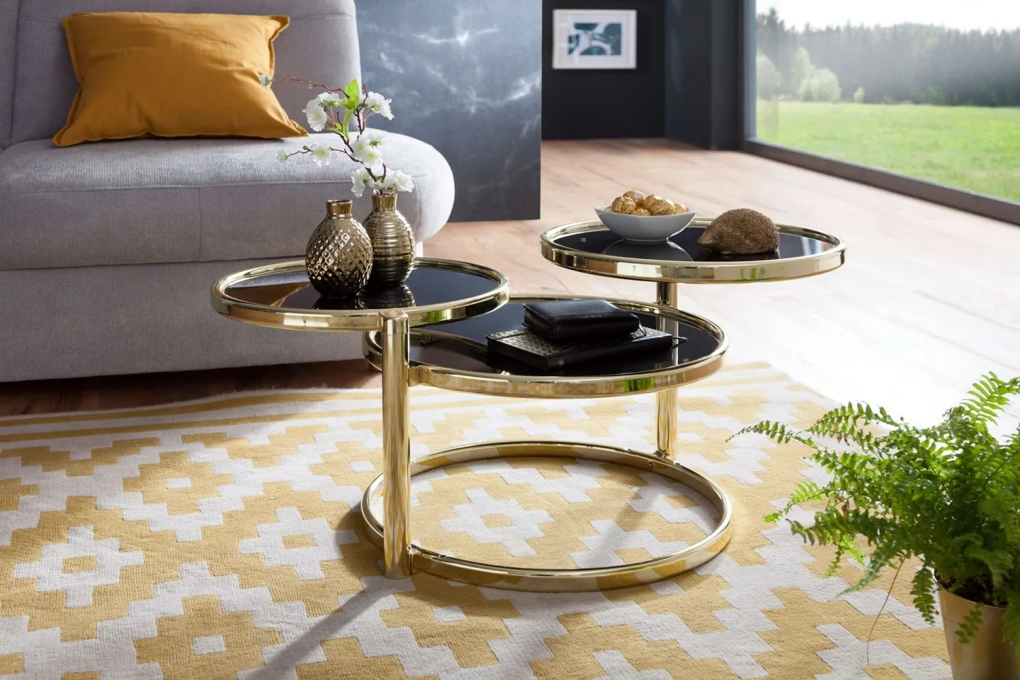 Tarwater Soffbord 58 cm med Förvaring Hyllor Runt - Glas/Svart/Guld