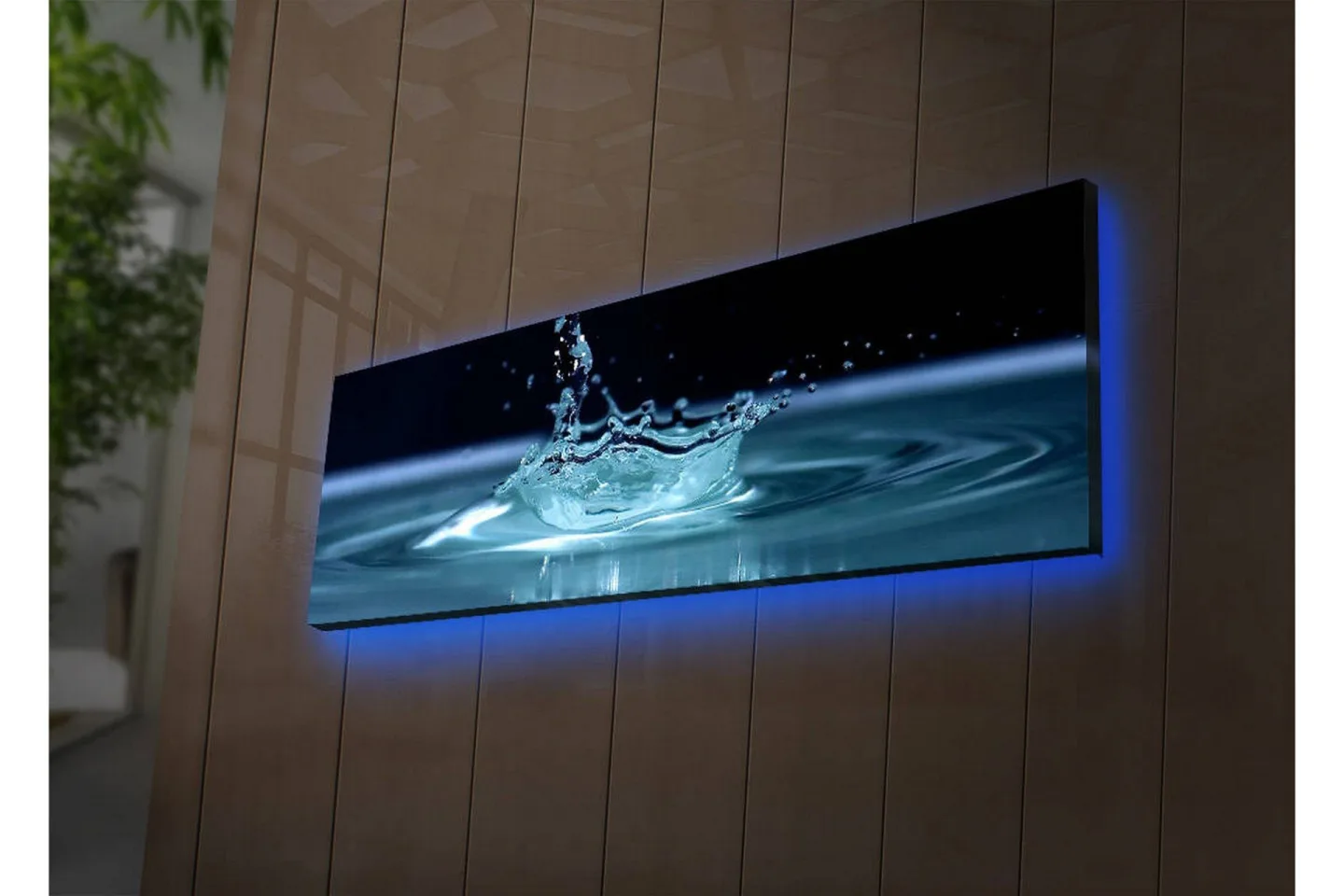 Canvastavla med LED-belysning 30x90 cm - Vattenstänk som skapar en elegant krusning i ytan - Blå / Turkos