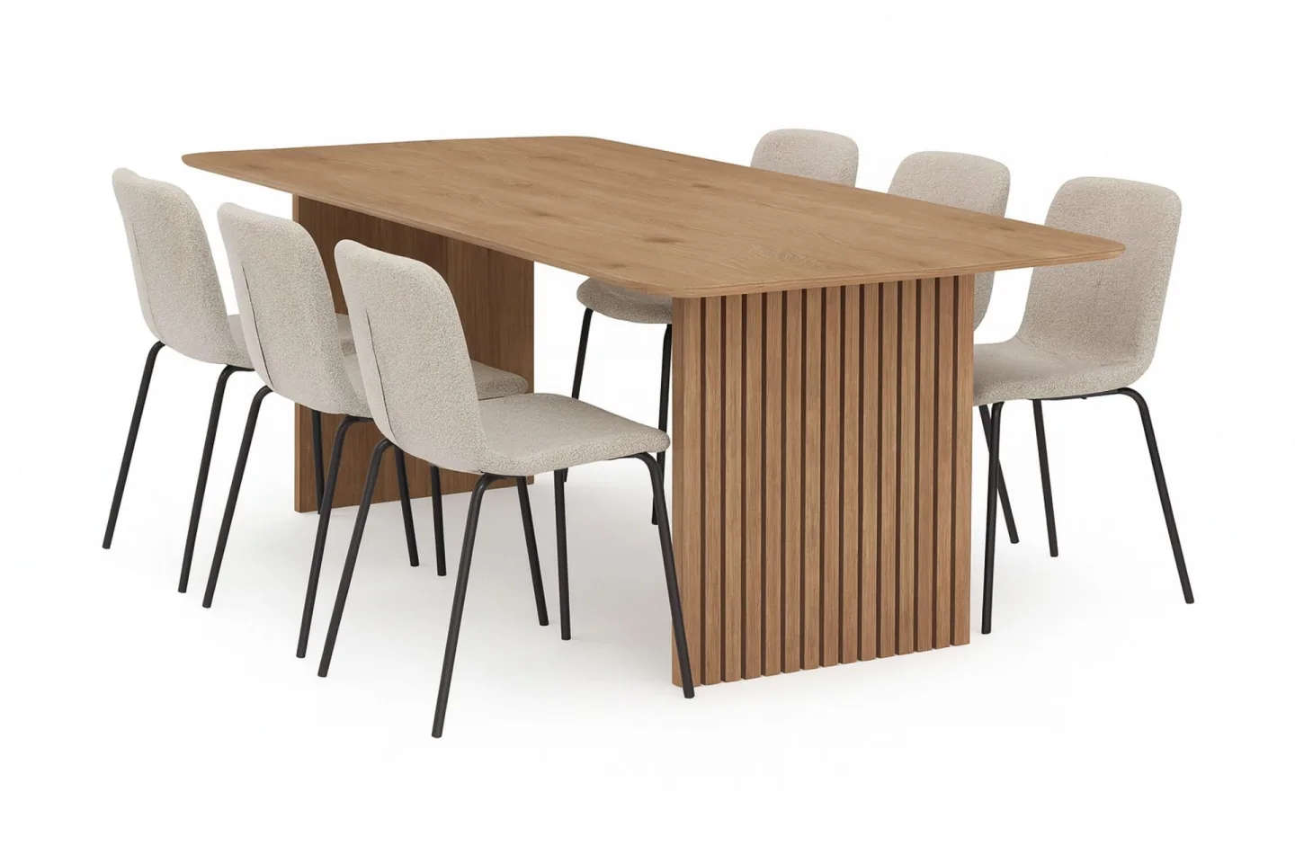 Richeto Matbord 210 cm med 6 Katy Matstolar - Naturlig finish / Greige Bouclé / Metallben Svart