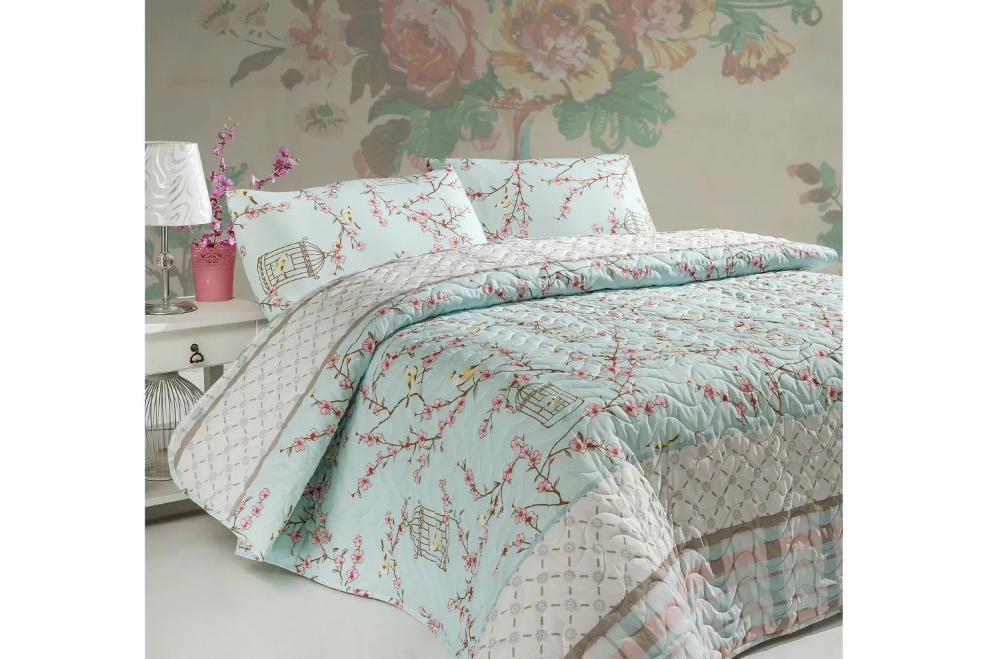 Eponj Home Överkast Enkelt 160x220+Kuddfodral Quiltat - Turkos/Vit/Beige/Rosa