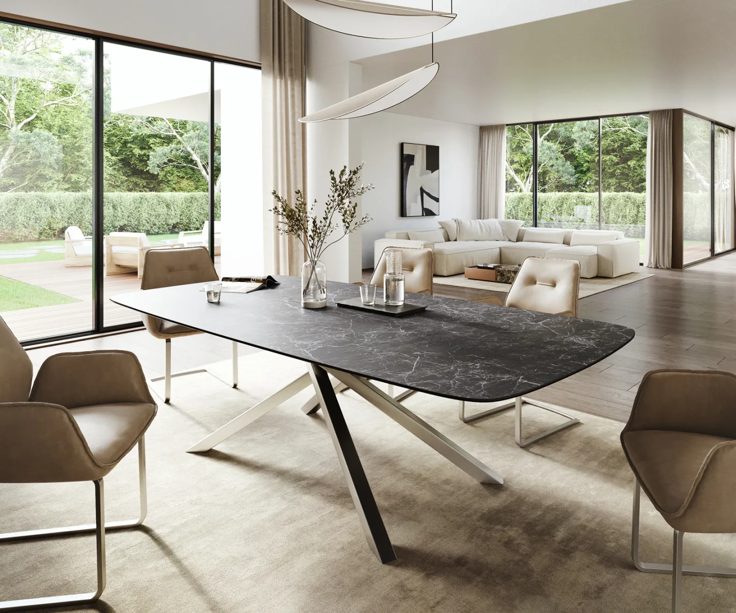 Esstisch Edge Boot 260x120 cm Keramik Laminam® Nero Greco Anthrazit Kreuzgestell Rechteck Edelstahl
