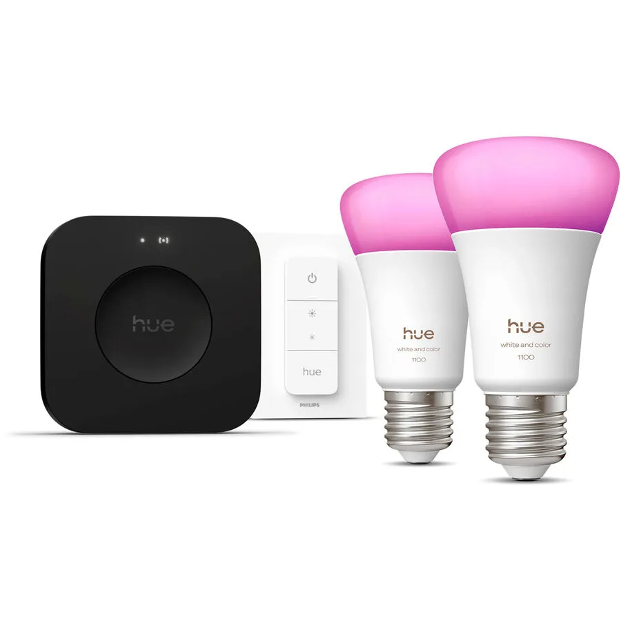 Philips Hue Starter-Set, 2 smarte E27-Lampen + Dimmschalter + Hue Bridge Pro - Farbe: schwarz - LED
