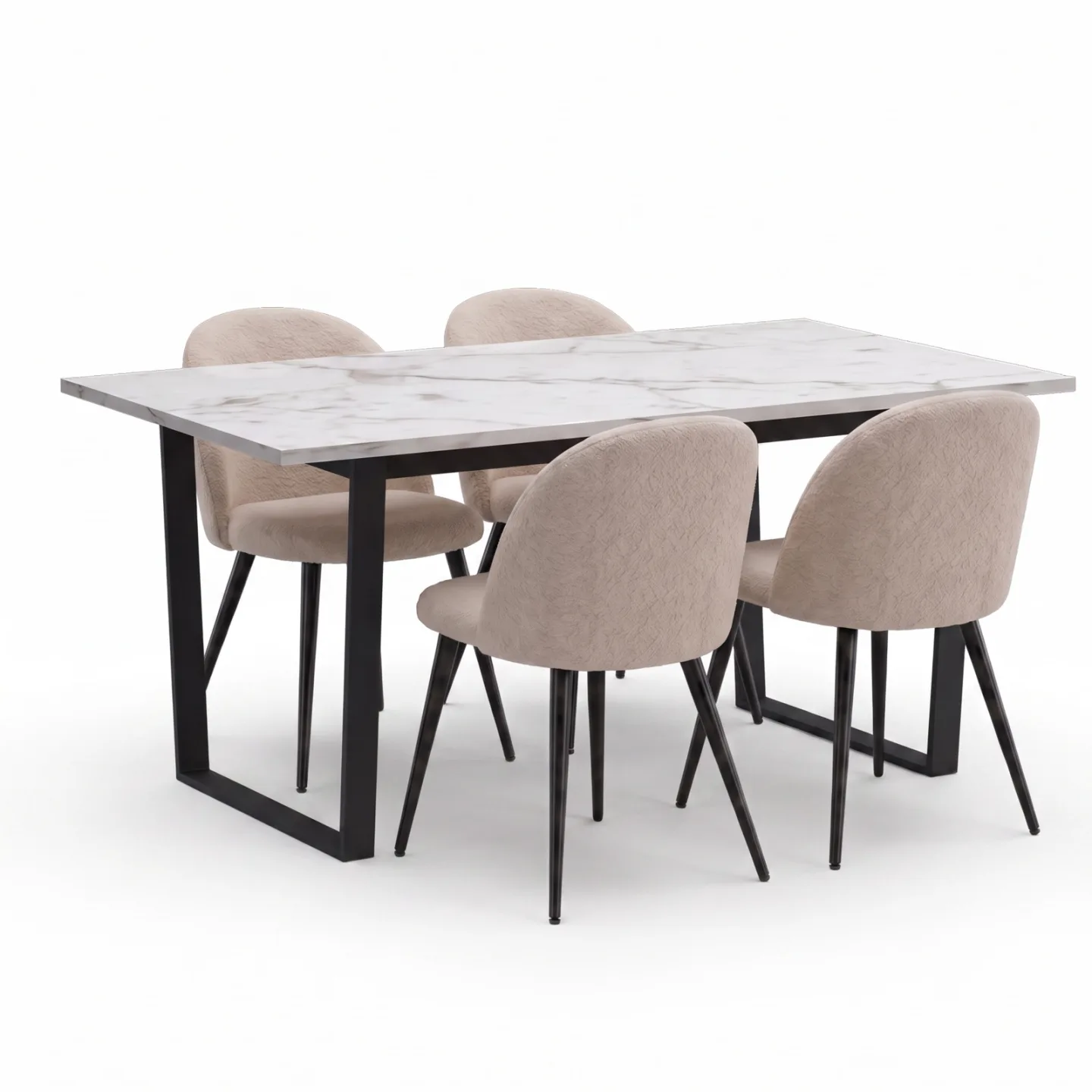 Tilst Essgruppe Tisch Marmoroptik weiß 90x160 und 4 Bouclé-Stühle beige.