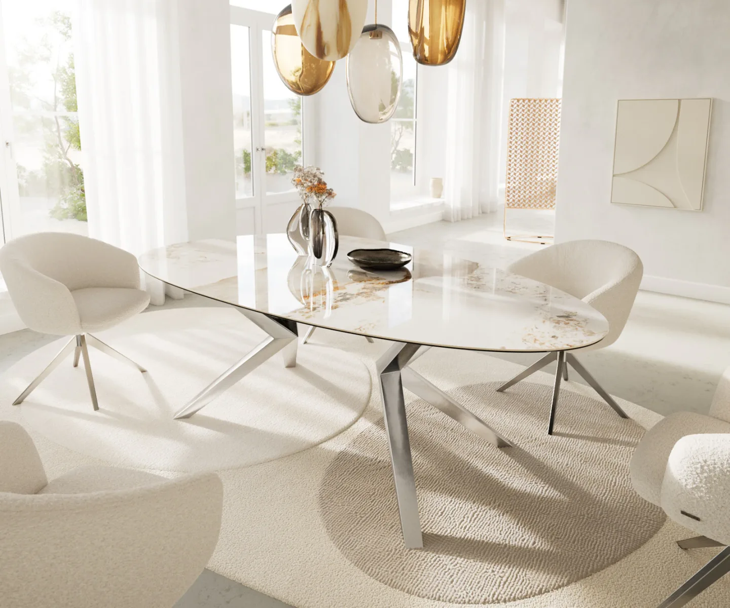 Esstisch Edge Oval 220x120 Keramik Minas Melange Weiß-Beige Zenthara kantig Edelstahl