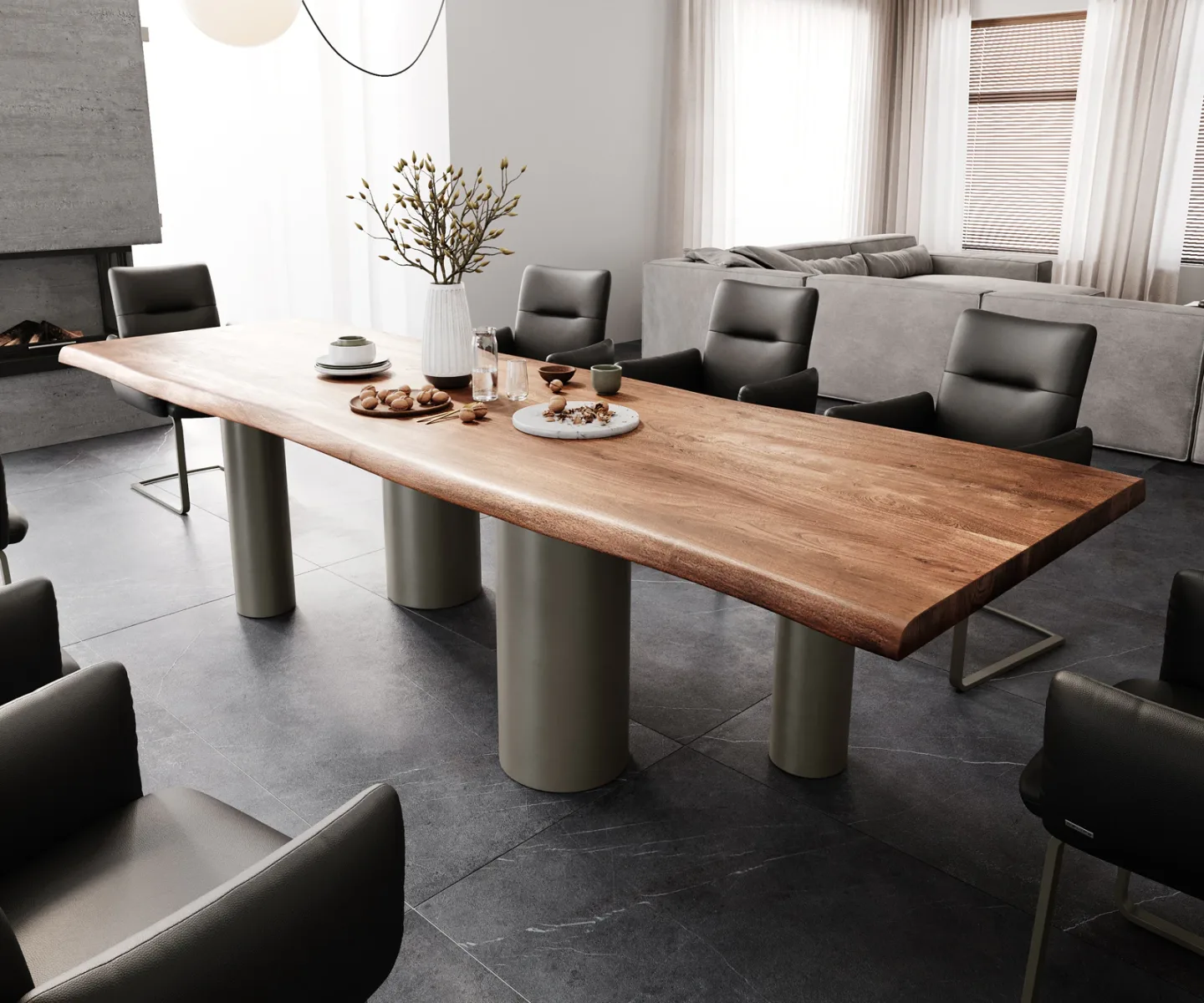 Esstisch Edge 300x100 XL Akazie Braun Pilier Metall Effektfinish Titan Live-Edge