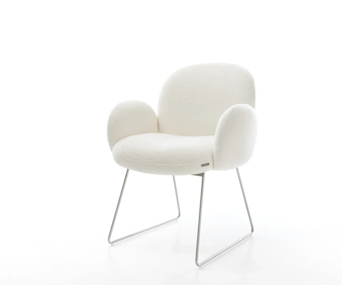 Esszimmerstuhl Nube-Flex mit Armlehnen Bouclé Soft Beige Kufengestell Edelstahl Taschenfederkern