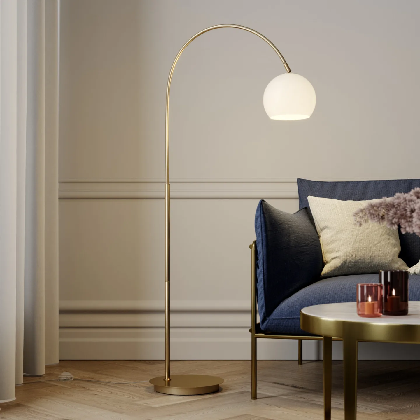 Cynthia Stehleuchte Opal/Brass - Lindby - Wohnzimmer - Modern - Glas - Einflammig