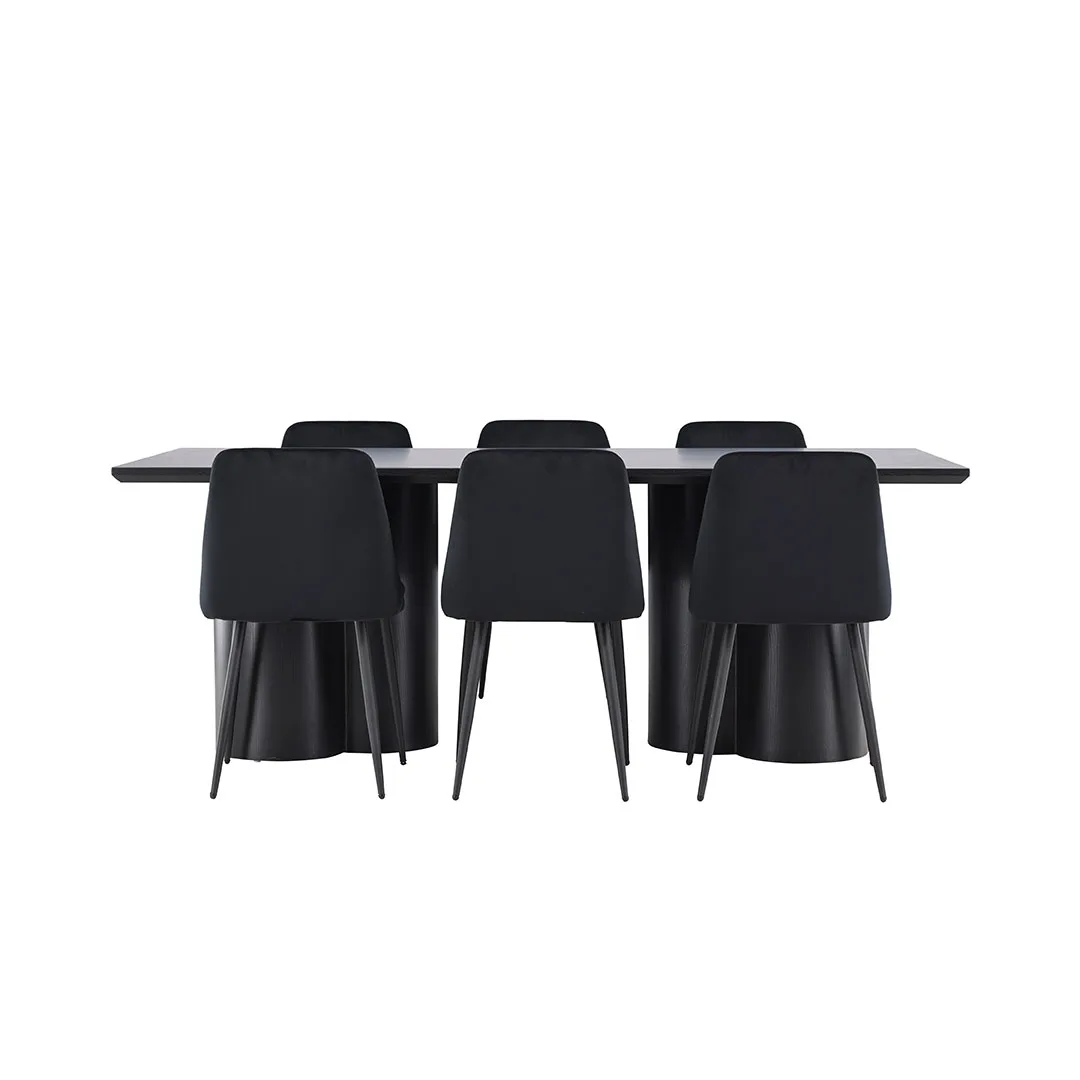 Olivia Essgruppe Tisch 100x210cm und 6 Velours Stühle schwarz.
