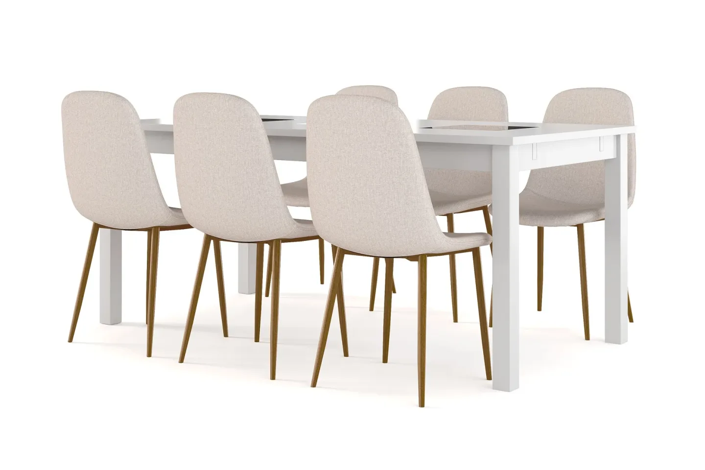 Jasmin Förlängningsbart Matbord 180 cm + 6 st Nibe stol beige med ek ben - Vit/Beige
