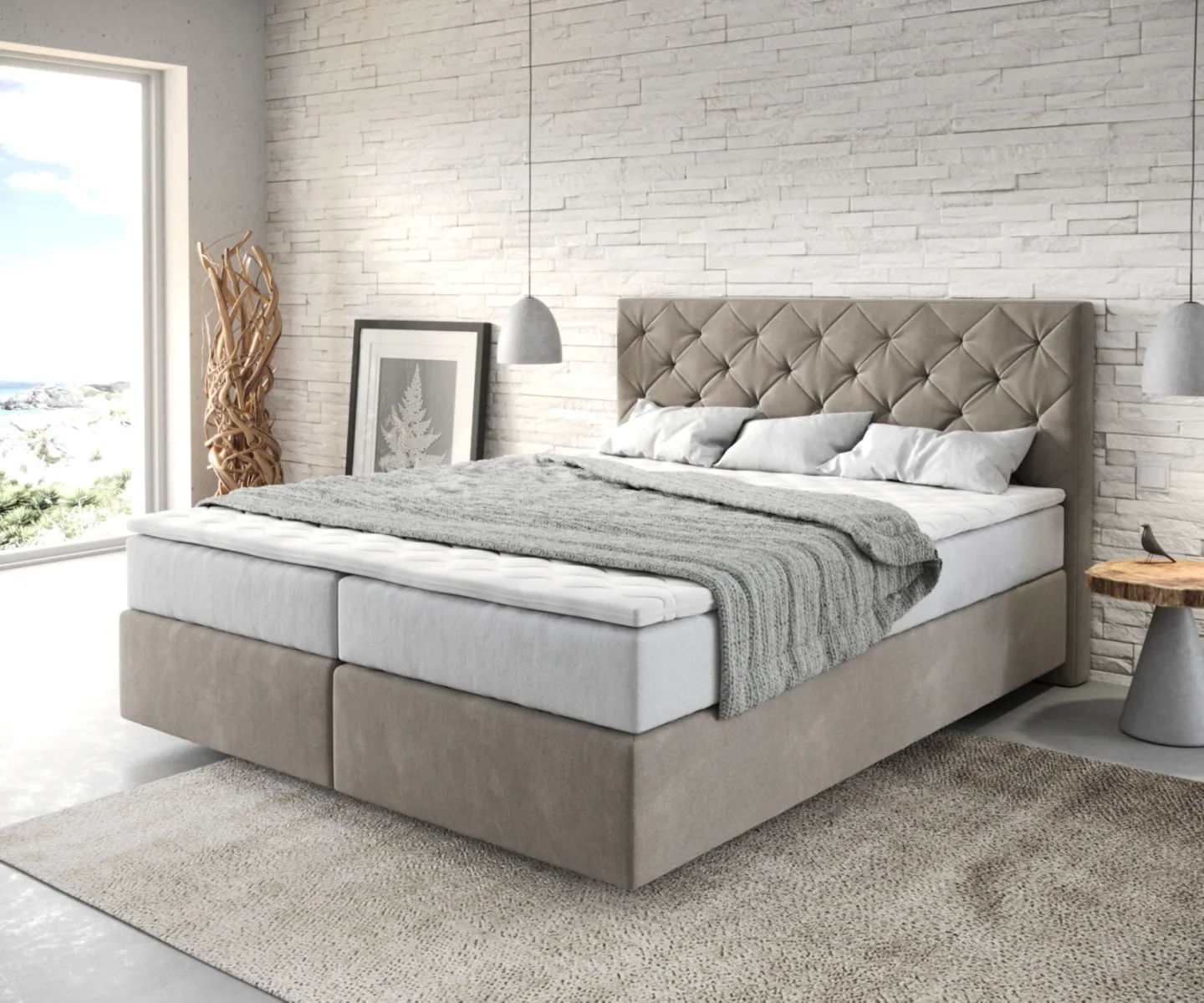Boxspringbett Dream-Great 160x200 cm Mikrofaser Beige mit TFK Matratze und Visco Topper