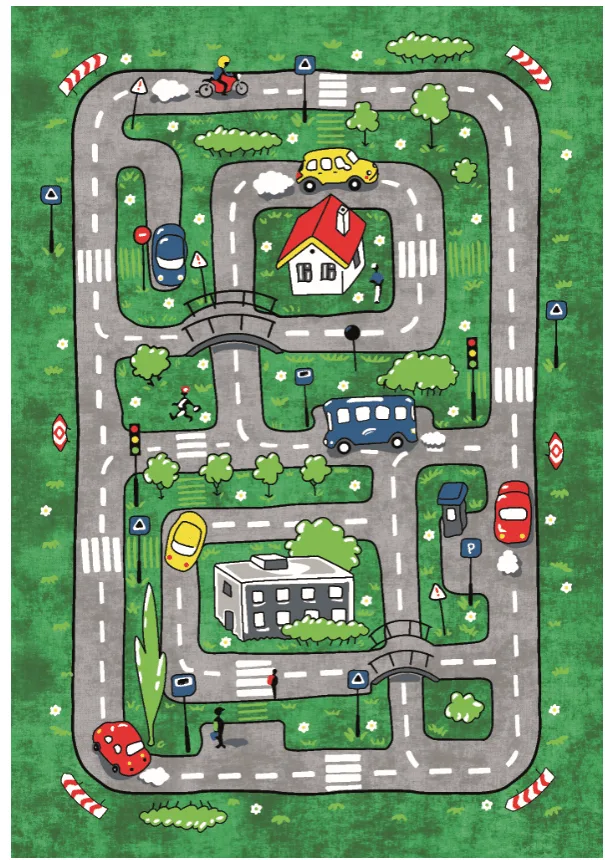 Barneteppe - Village Road (grønn) (Størrelse: 160 x 230 cm)