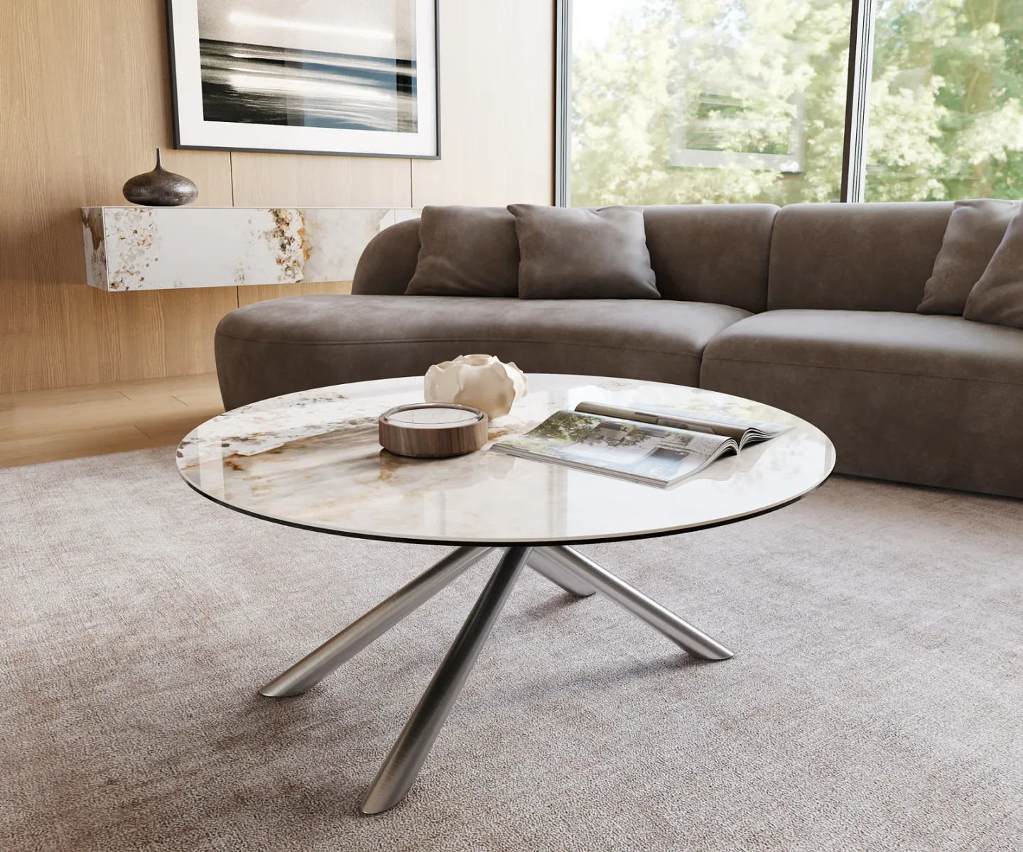 Couchtisch Edge Rund 100x100 cm Keramik Minas Melange Sarity Edelstahl gebürstet