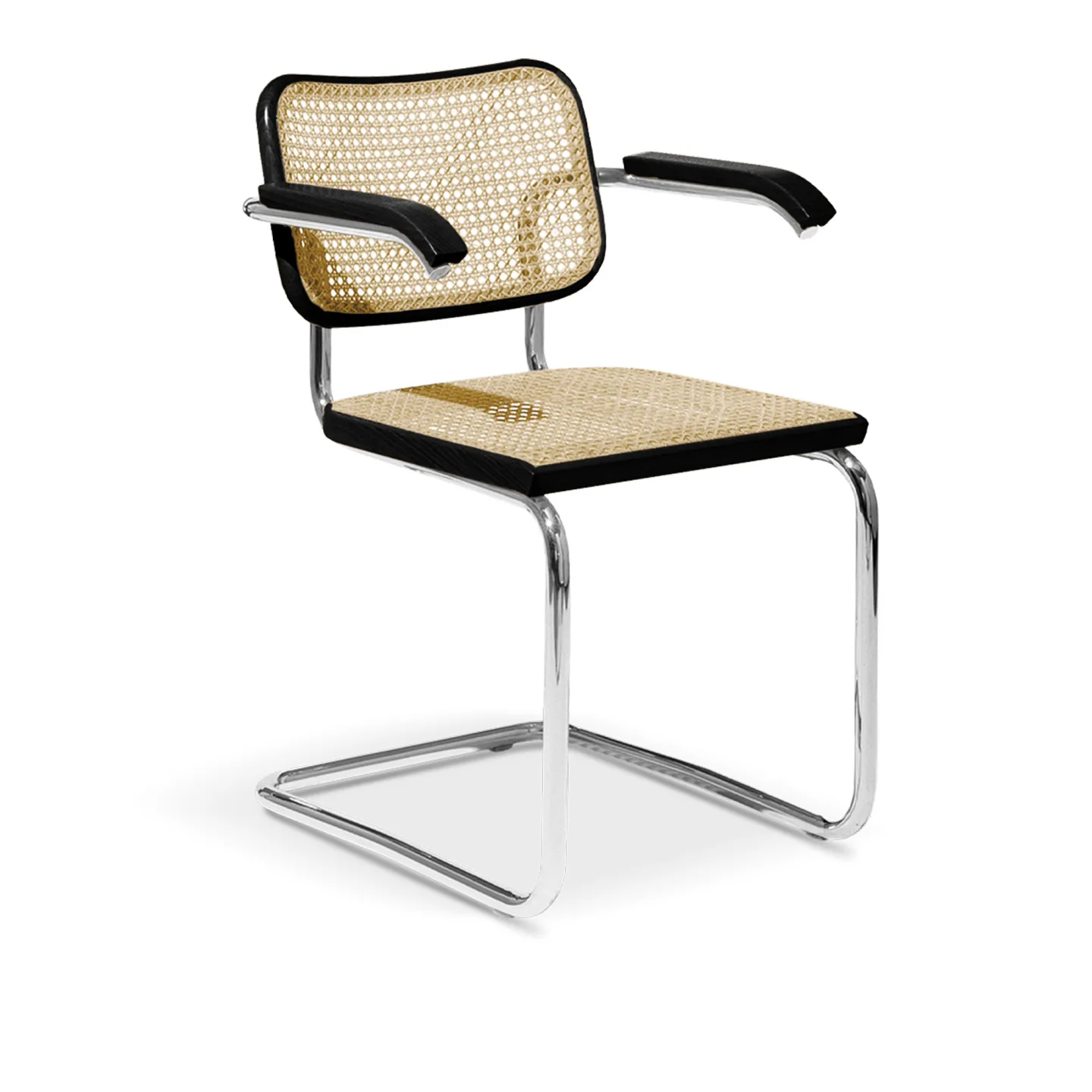 Knoll - Cesca Chair with Arms, Satin Black Stained - Matstolar - Marcel Breuer - Beige,Svart - Metall/Trä