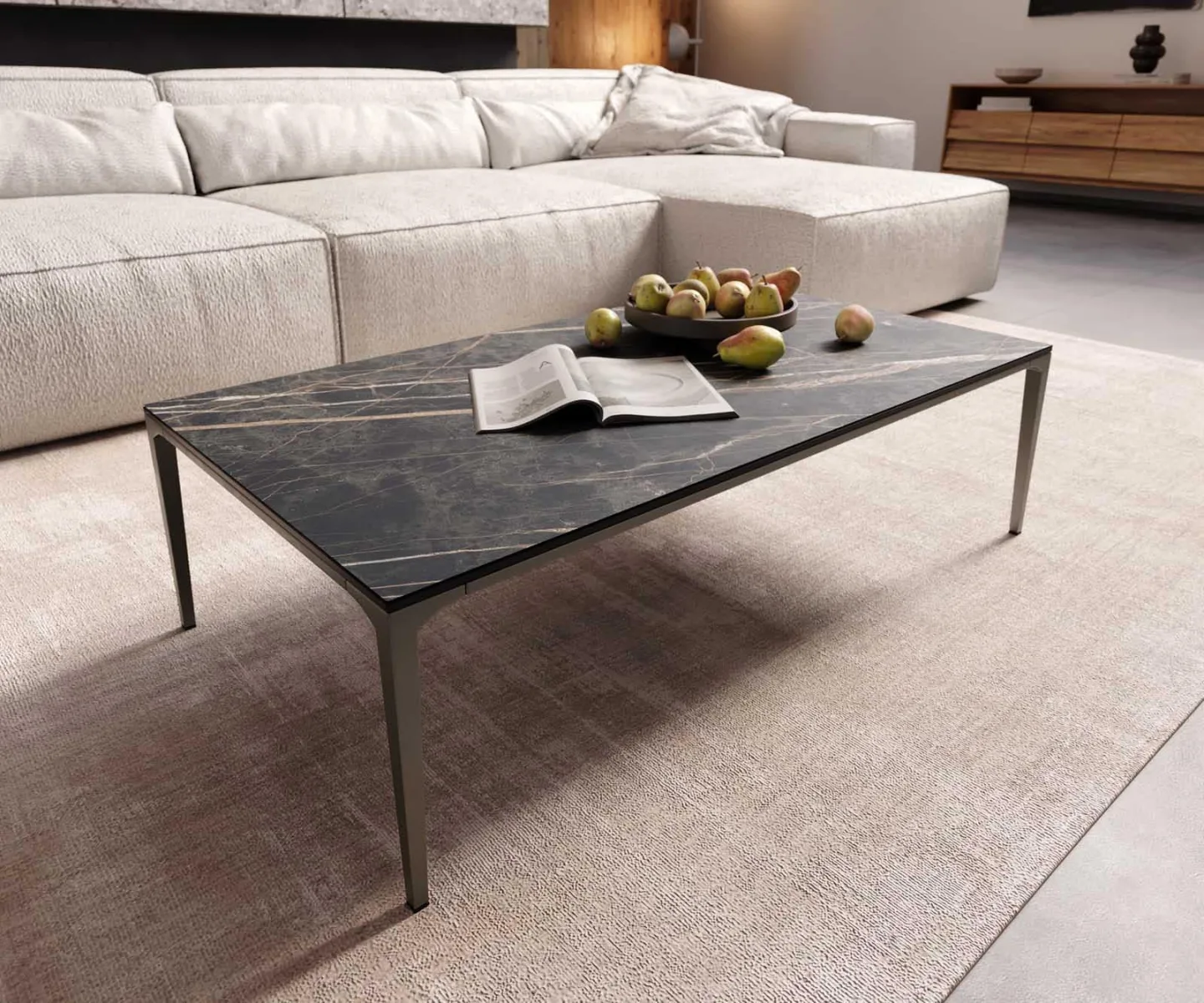 Couchtisch Levente 110x60 cm Keramik Laminam® Noir Desir Braun Gestell Metall Effektfinish Titan