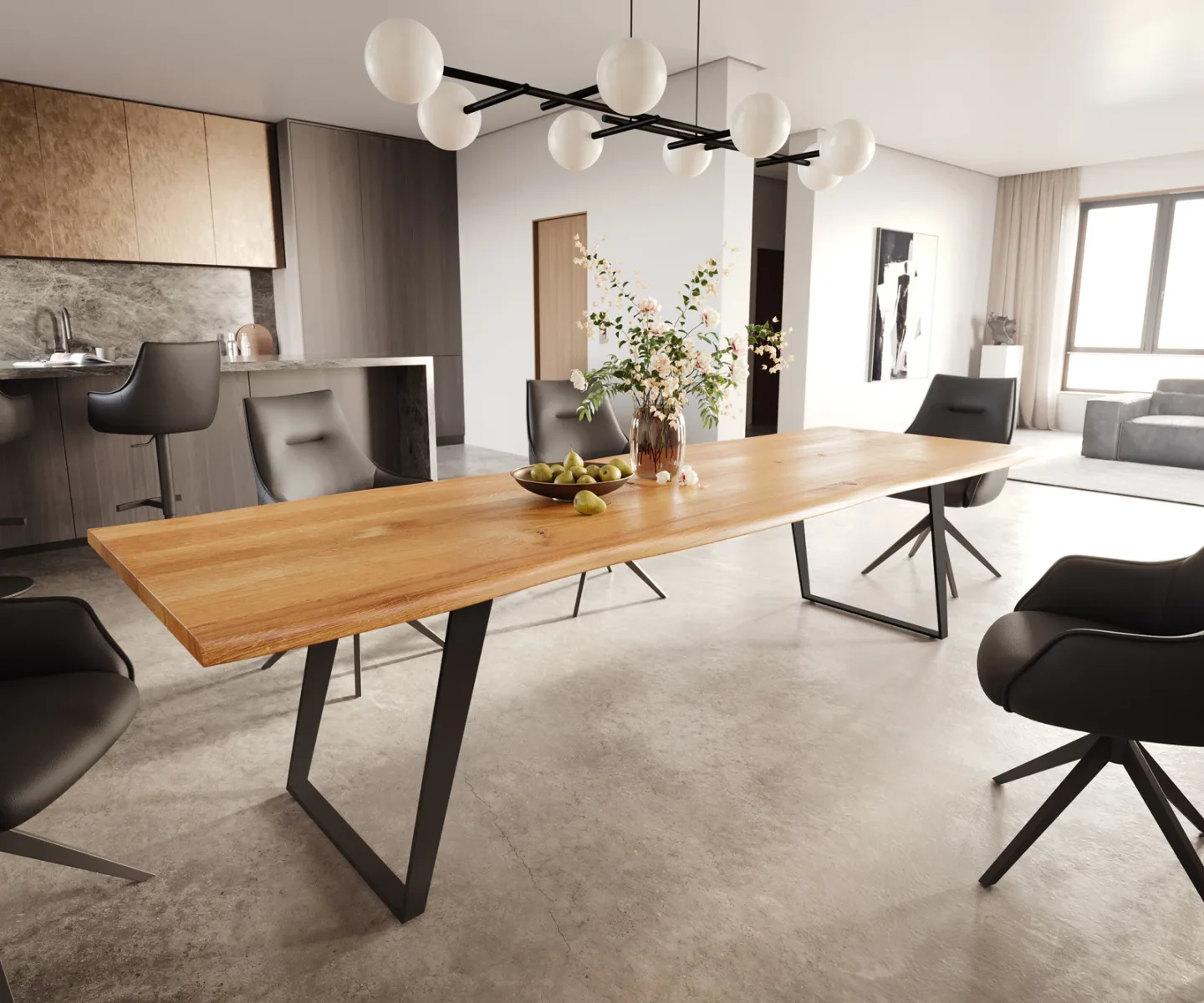Esstisch Edge 300x100x4 Eiche Natur Metall Schräg Schwarz Live-Edge