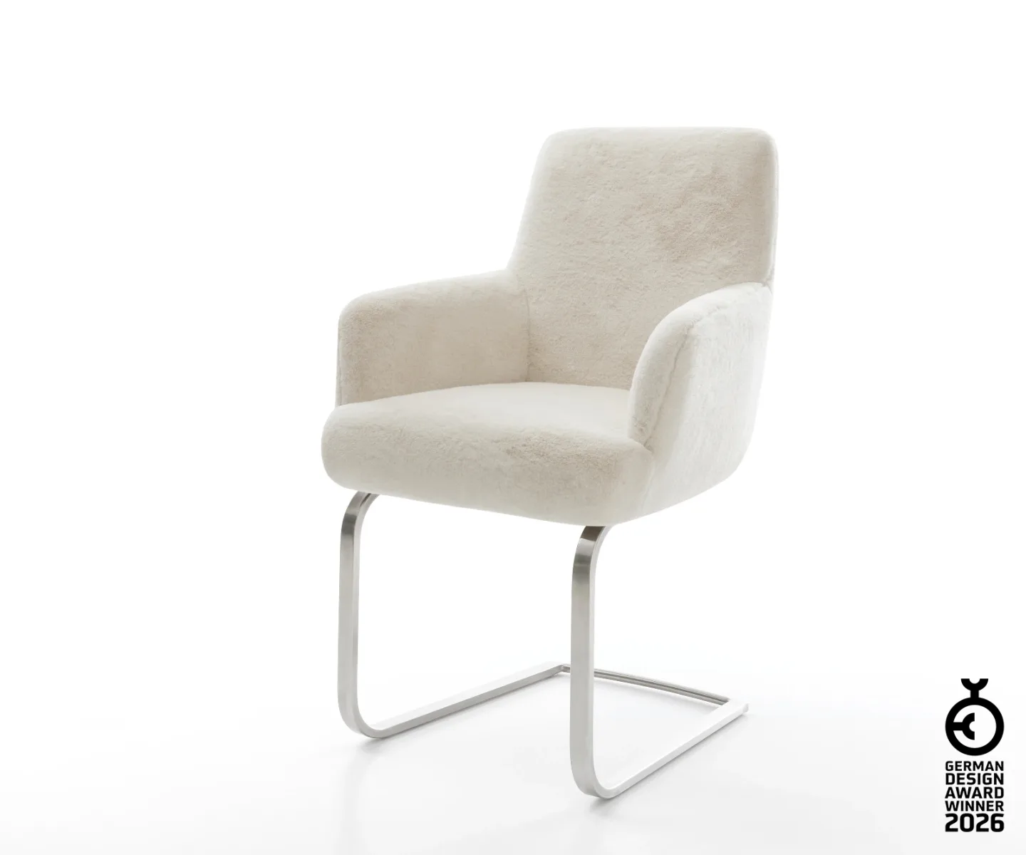 Freischwinger Heira-Flex mit Armlehnen Plüsch Creme-Weiß Freischwinger flach Edelstahl Taschenfederkern