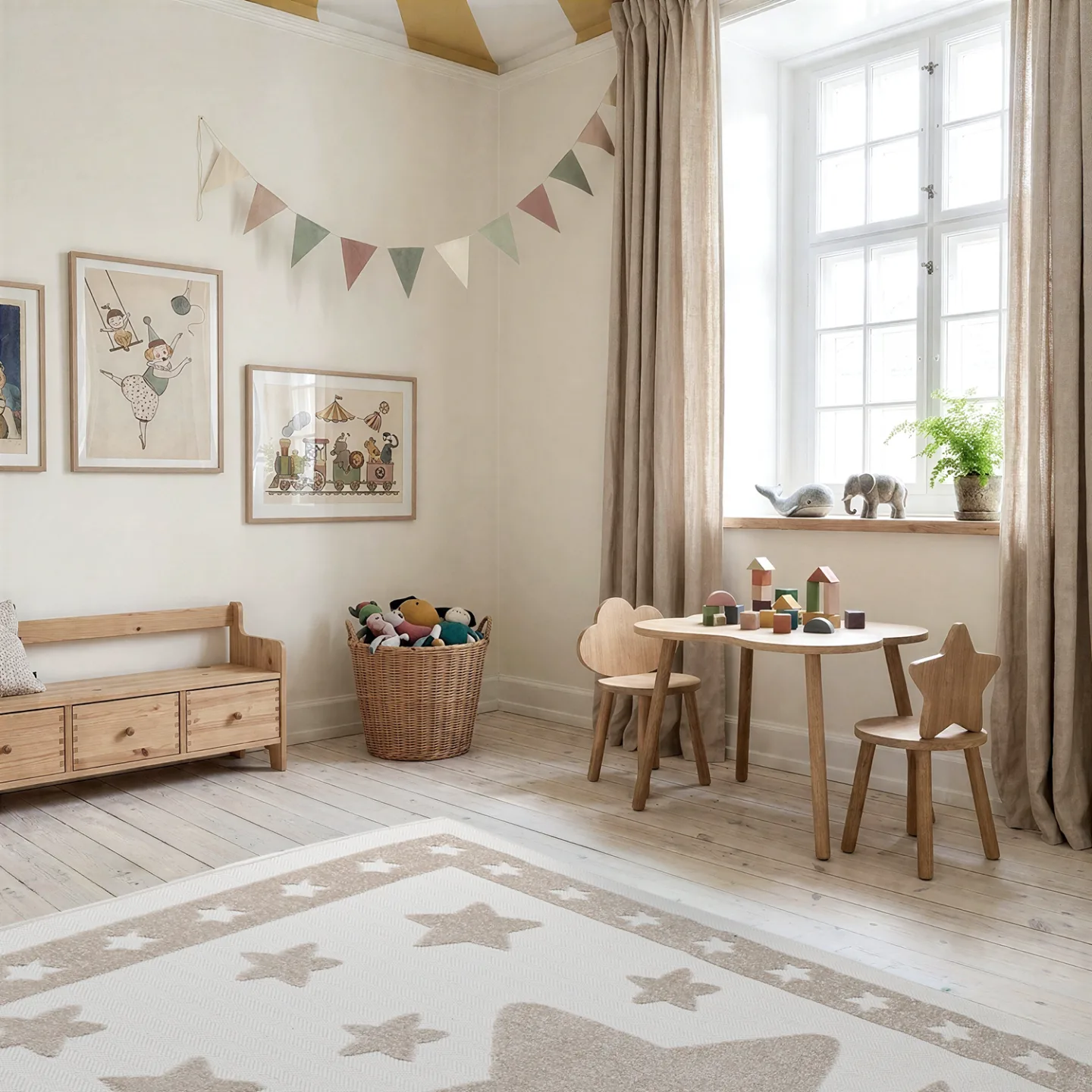 Barneteppe - Star Frame (krem/brun) (Størrelse: 160 x 230 cm)