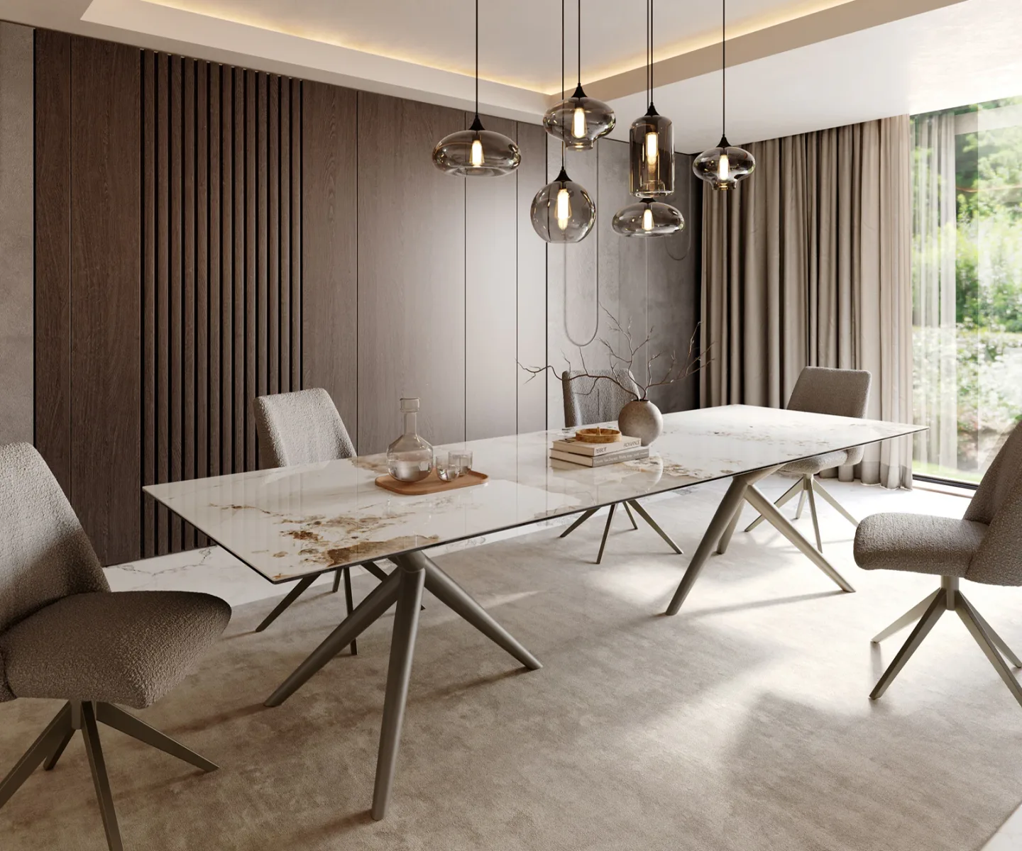 Esstisch Edge 300x100 Keramik Minas Melange Weiß-Beige Estelar rund Metall Effektfinish Titan